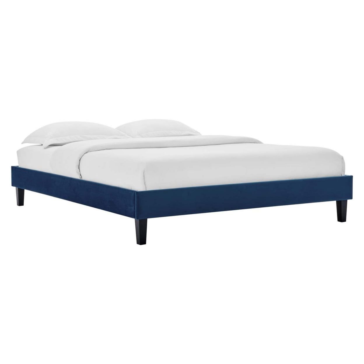 Elegant Navy King Platform Bed with Velvet Upholstery and Wood Frame