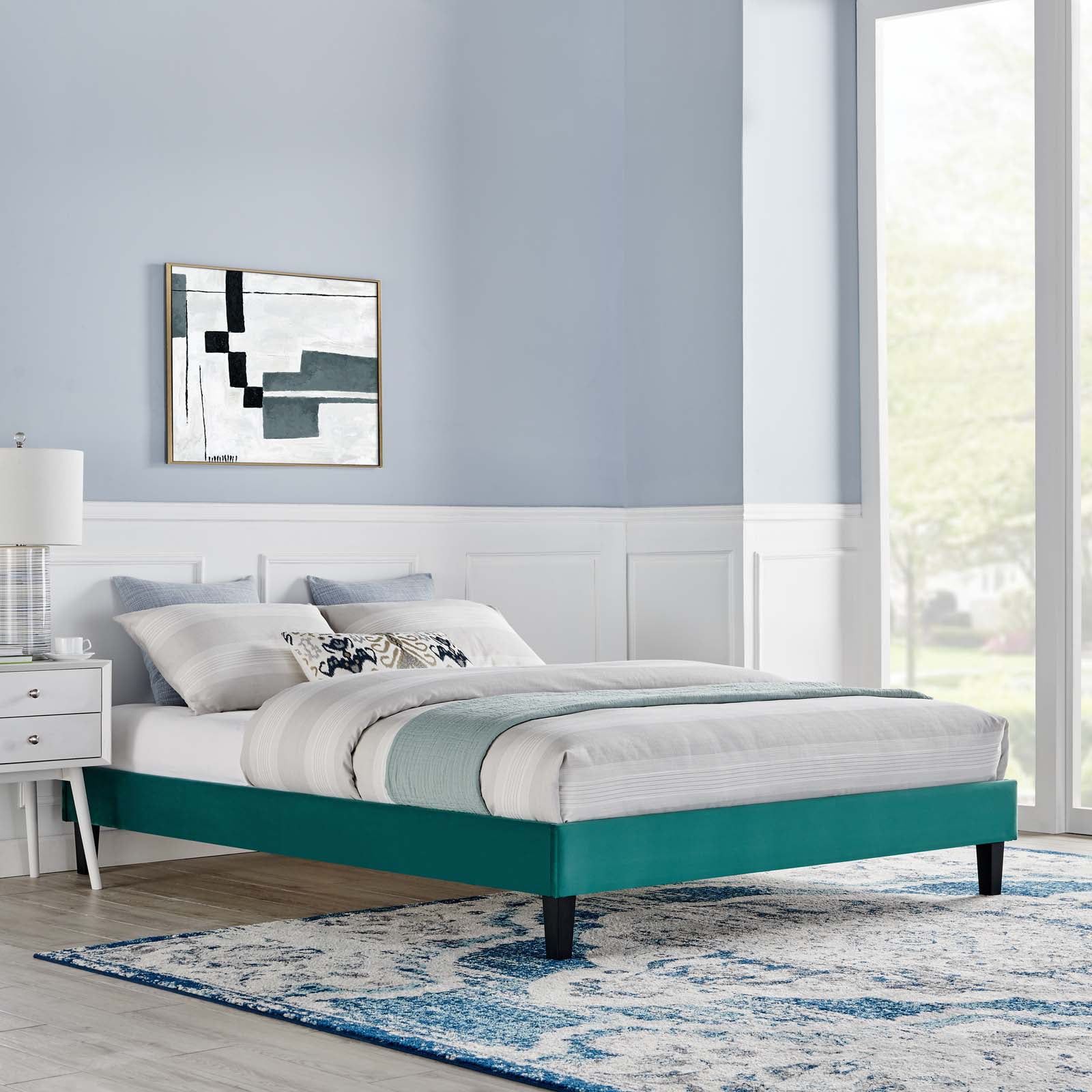 Teal Velvet Upholstered King Platform Bed with Tapered Legs