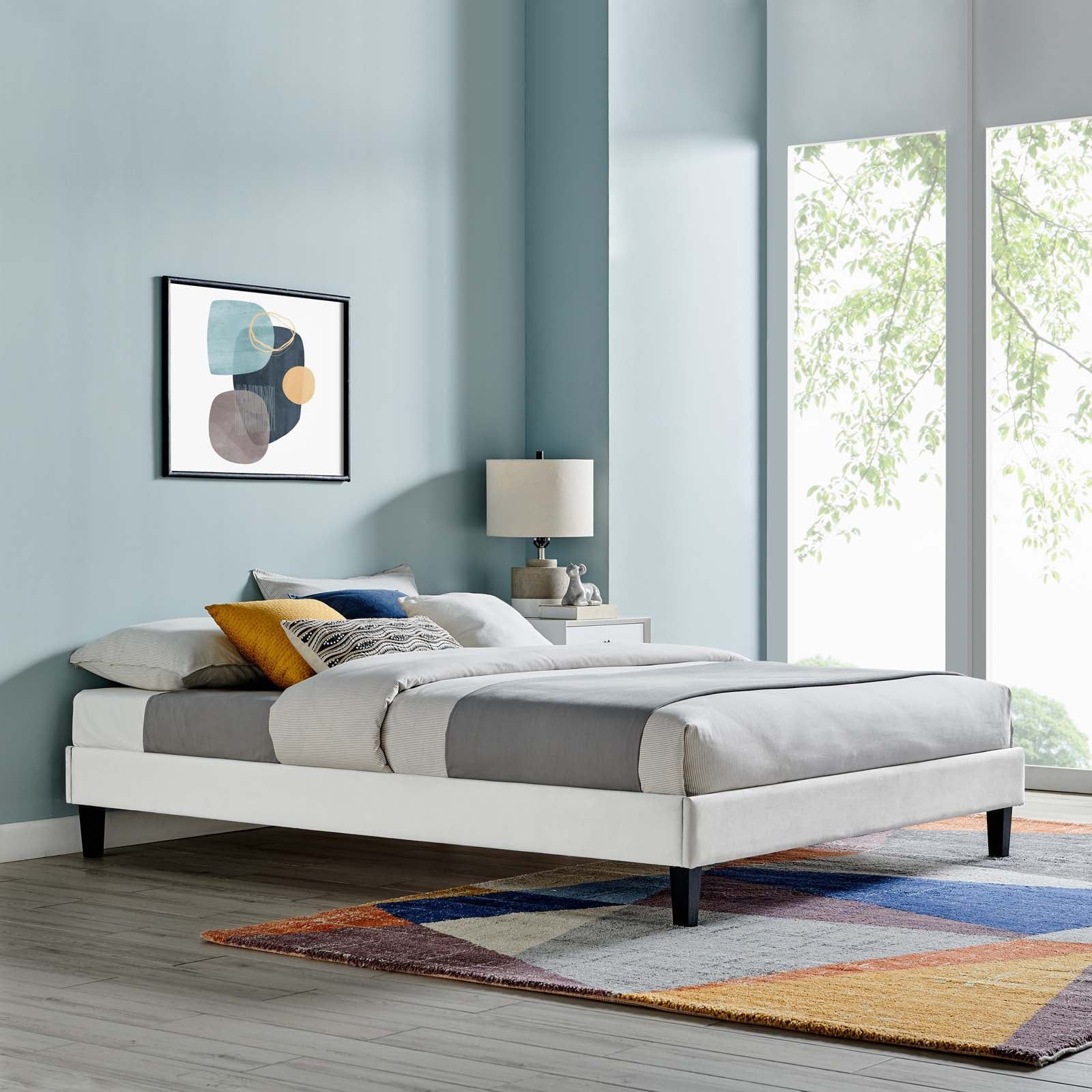 Light Gray Velvet Upholstered Queen Platform Bed Frame