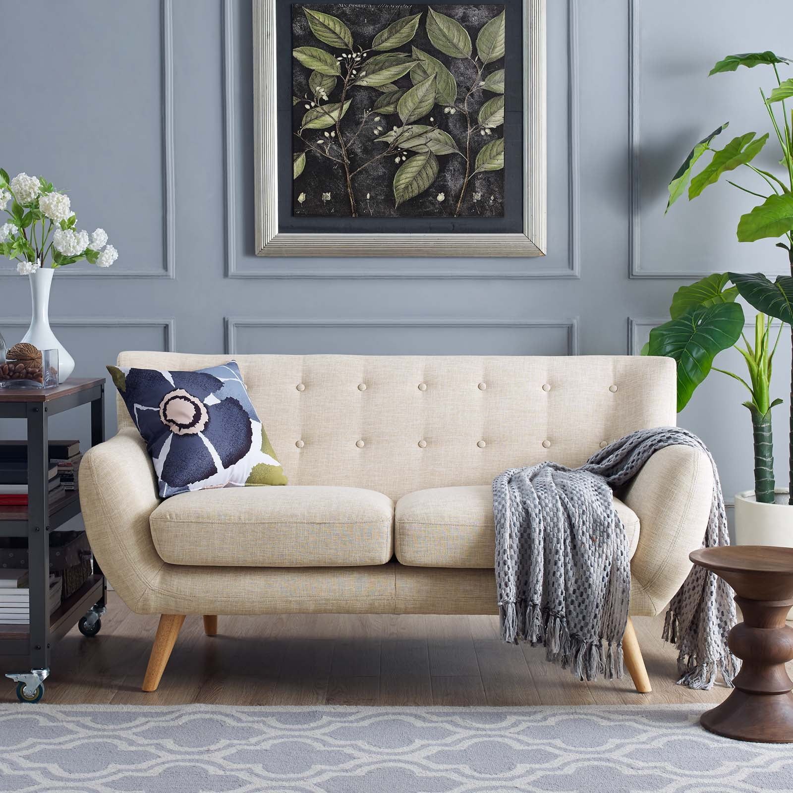 Beige Tufted Fabric Loveseat with Flared Arms