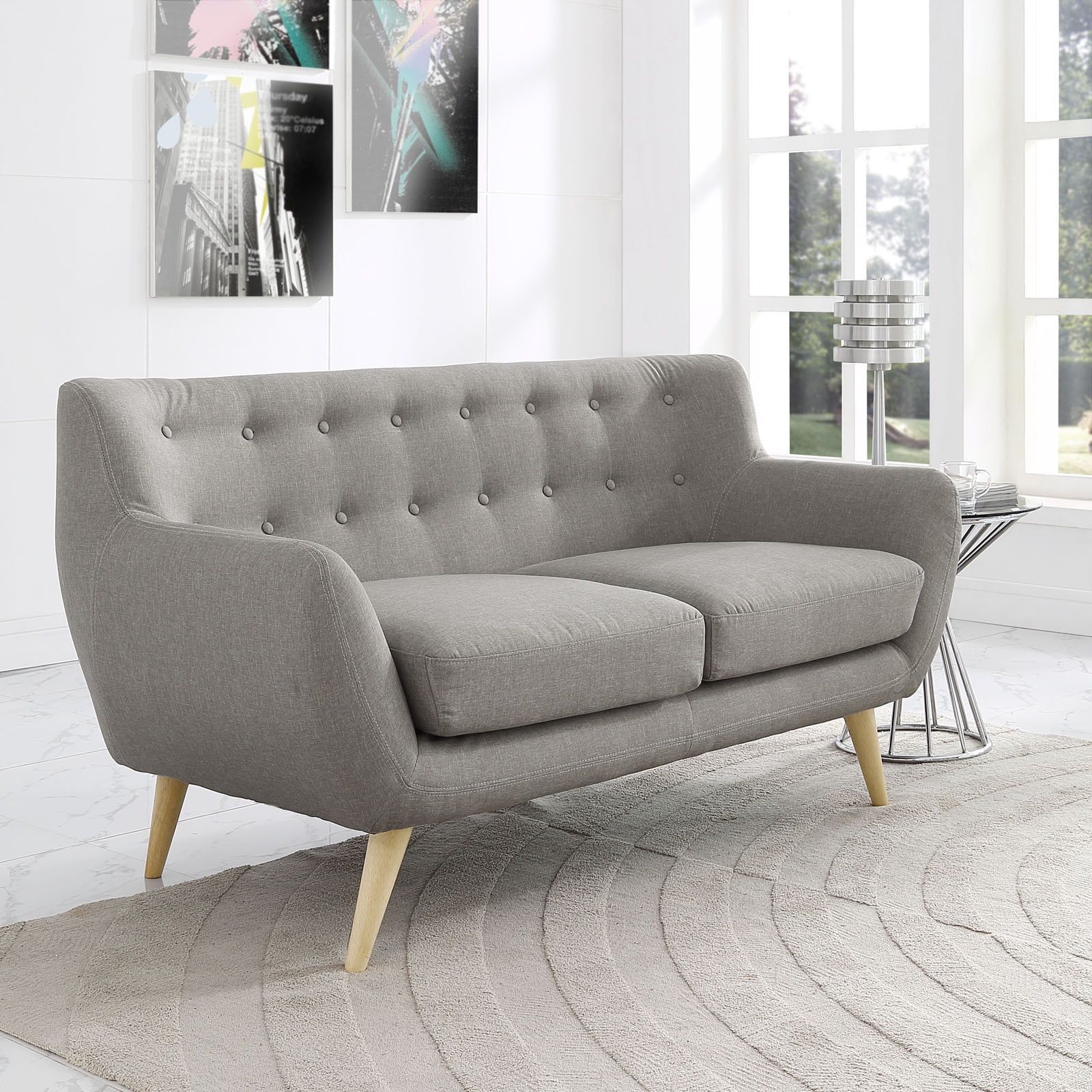 Light Gray Tufted Fabric Loveseat with Wood Legs