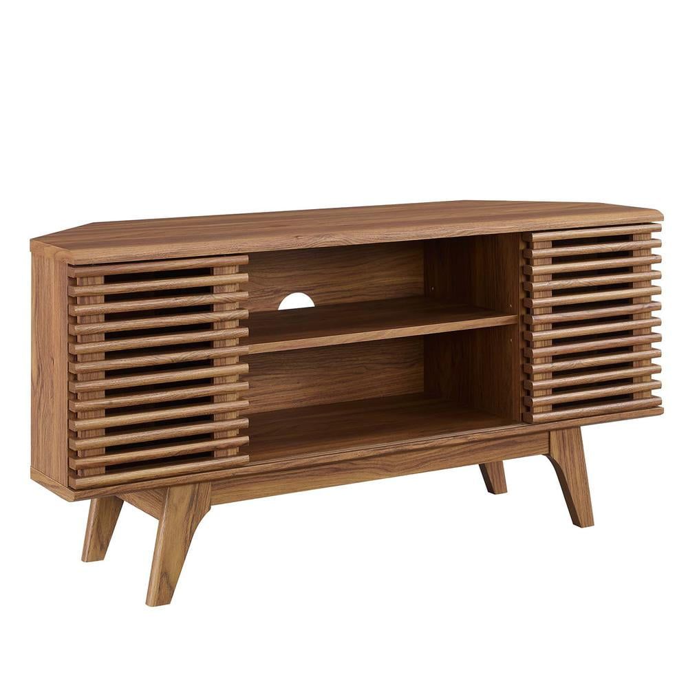 Walnut Mid-Century Modern Corner TV Stand with Sliding Doors