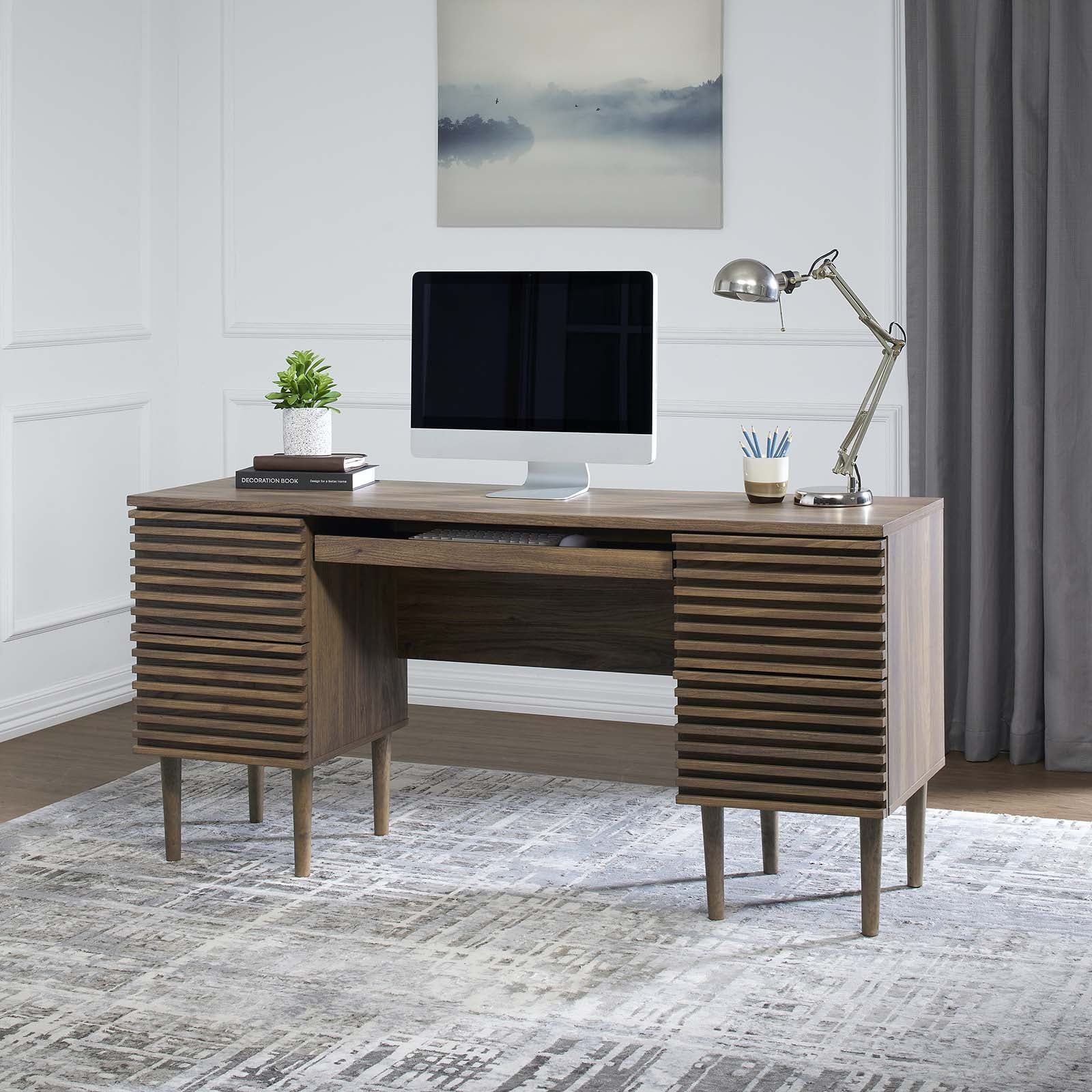 Walnut Mid-Century Modern Office Desk with Drawers and Keyboard Tray