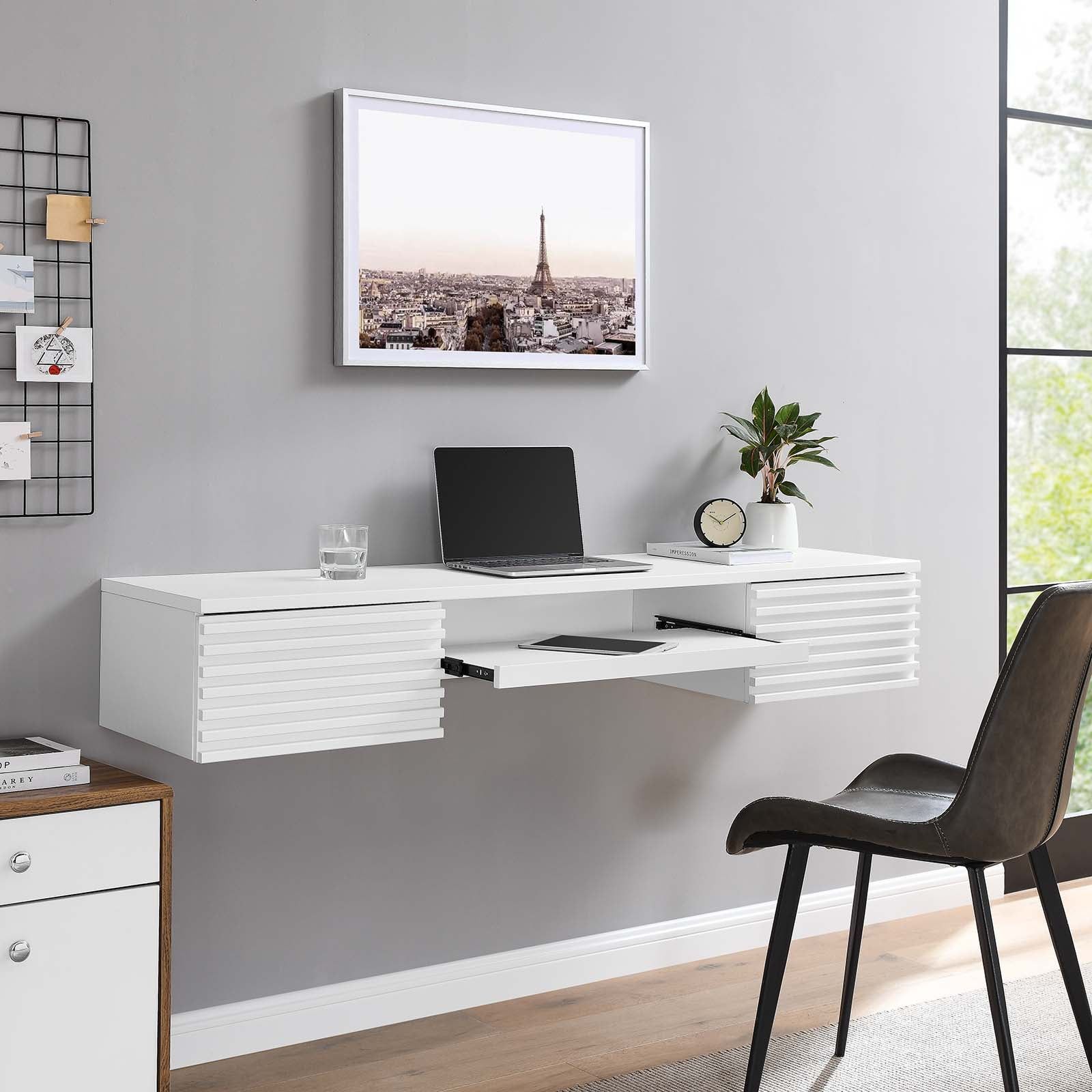 White Wall-Mounted Wood Office Desk with Keyboard Tray