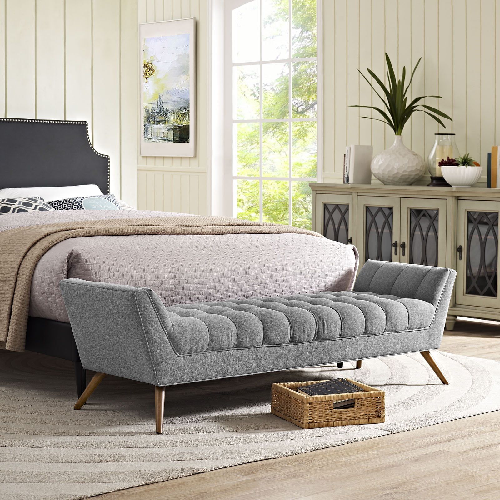 Expectation Gray Upholstered Tufted Bedroom Bench with Wood Legs