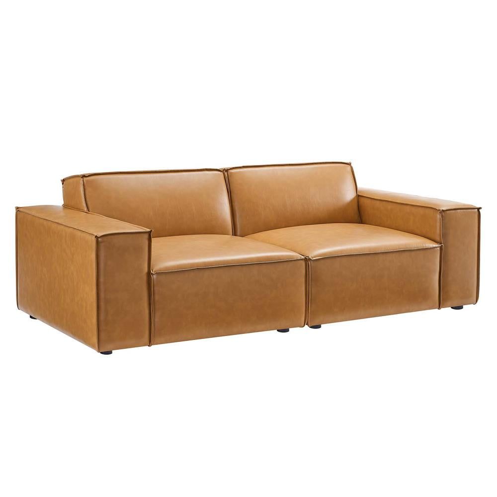 Tan Faux Leather Loveseat with Ottoman and Wood Frame