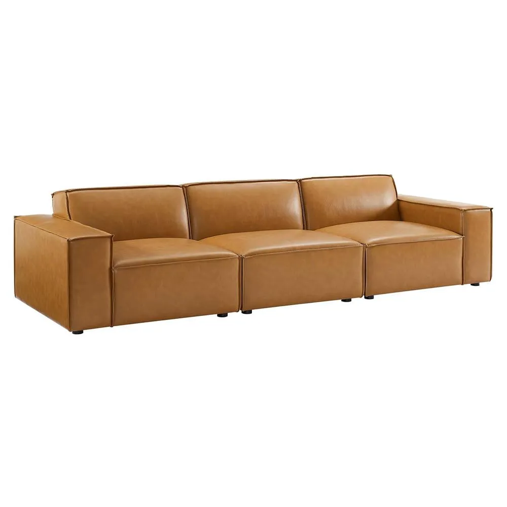 Tan Faux Leather Three-Piece Sofa with Ottoman