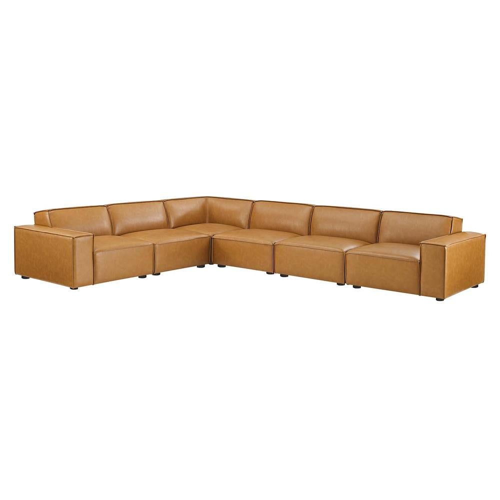 Tan Faux Leather 6-Piece Sectional Sofa with Ottoman