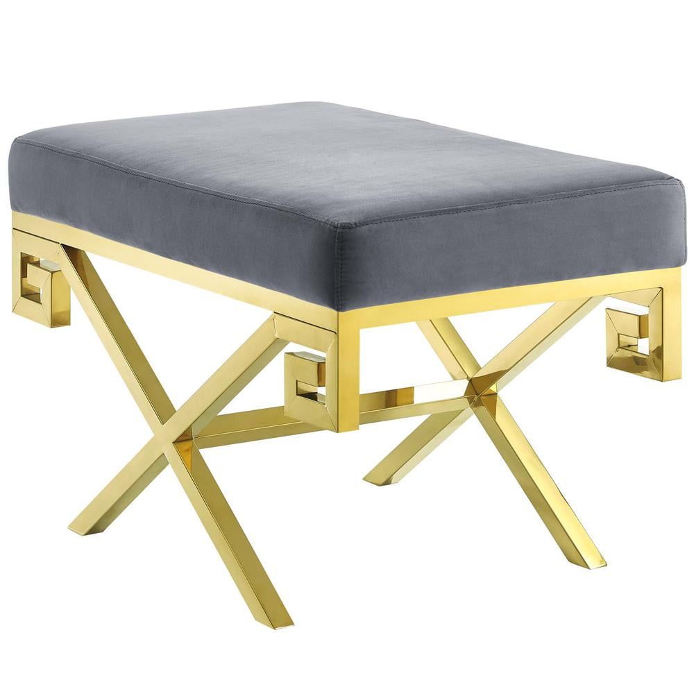 Gray Velvet Upholstered Bench with Gold Stainless Steel Base