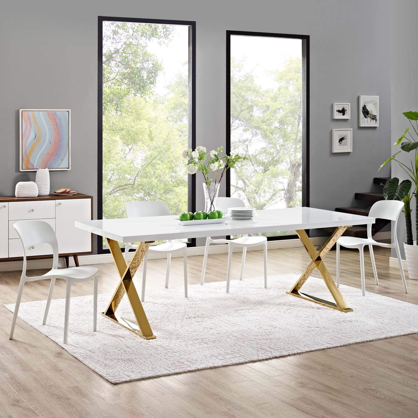 Contemporary White Gold 86.5" Fiberboard Dining Table with Gold X-Base