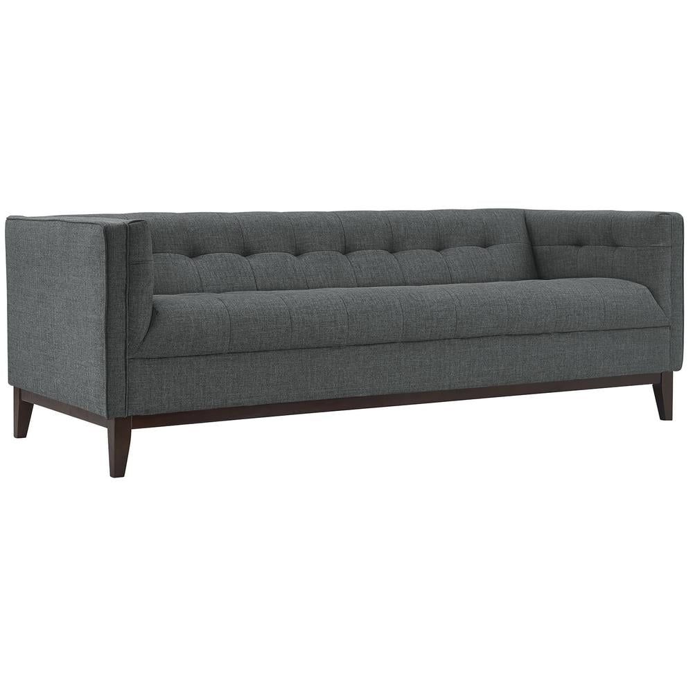 Gray Tufted Fabric Tuxedo Arm Sofa with Walnut Legs