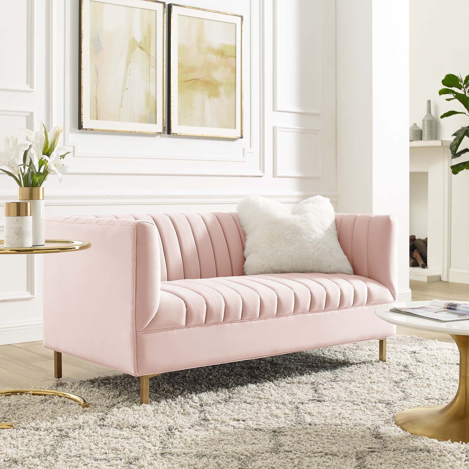 Pink Velvet Tufted Loveseat with Gold Legs