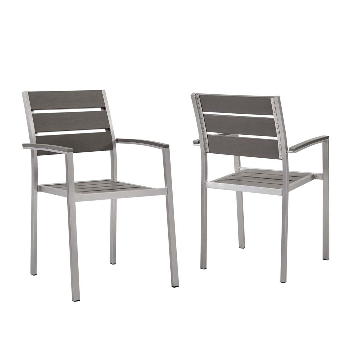 Gray Aluminum and Wood Outdoor Dining Armchair Set of 2