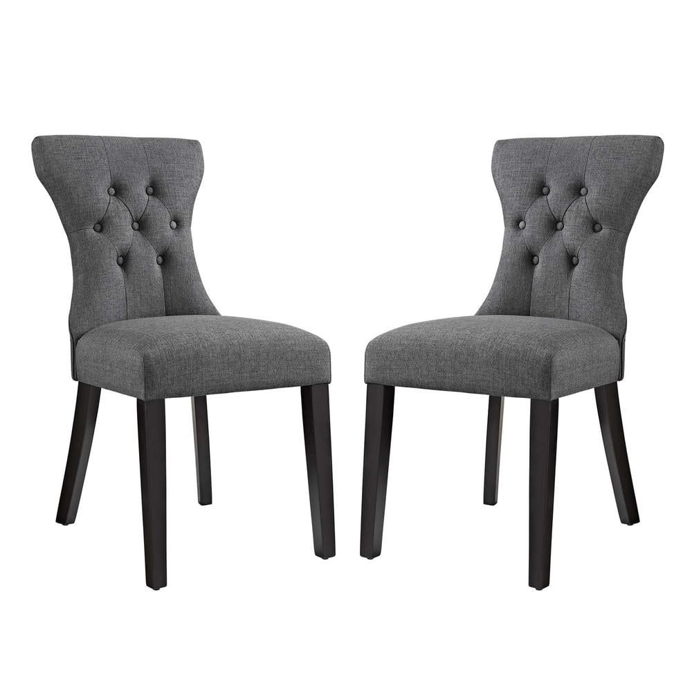 Gray Upholstered Tufted Side Chair with Wood Legs, Set of 2