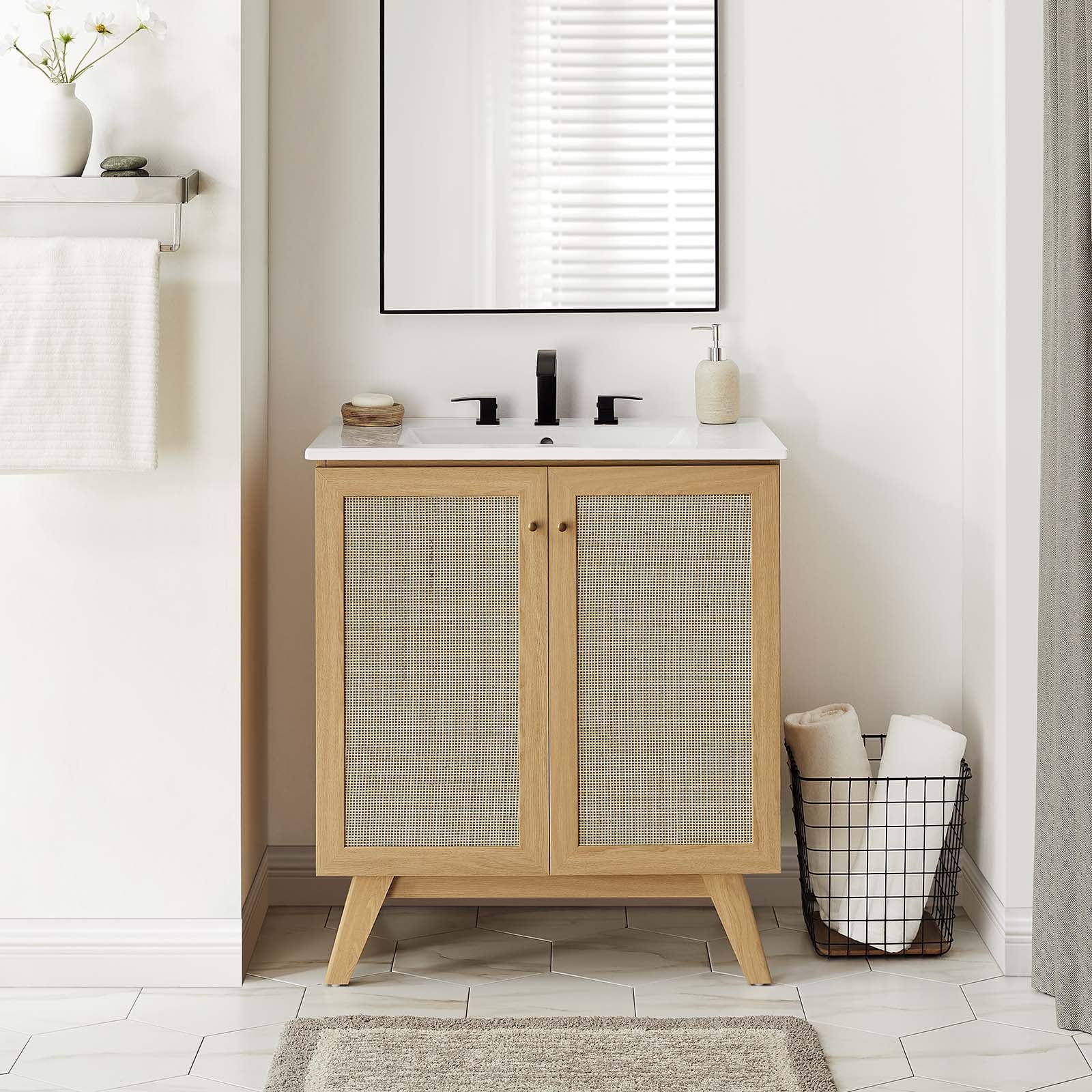 Soma 30" Oak White Rattan Bathroom Vanity with Ceramic Sink