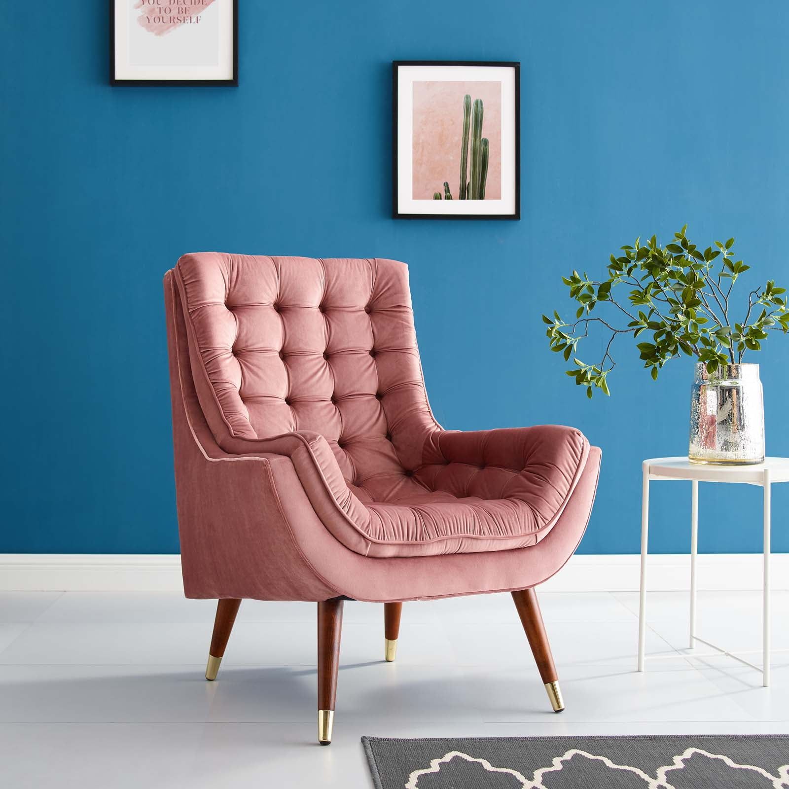 Dusty Rose Velvet Button Tufted Mid-Century Accent Chair