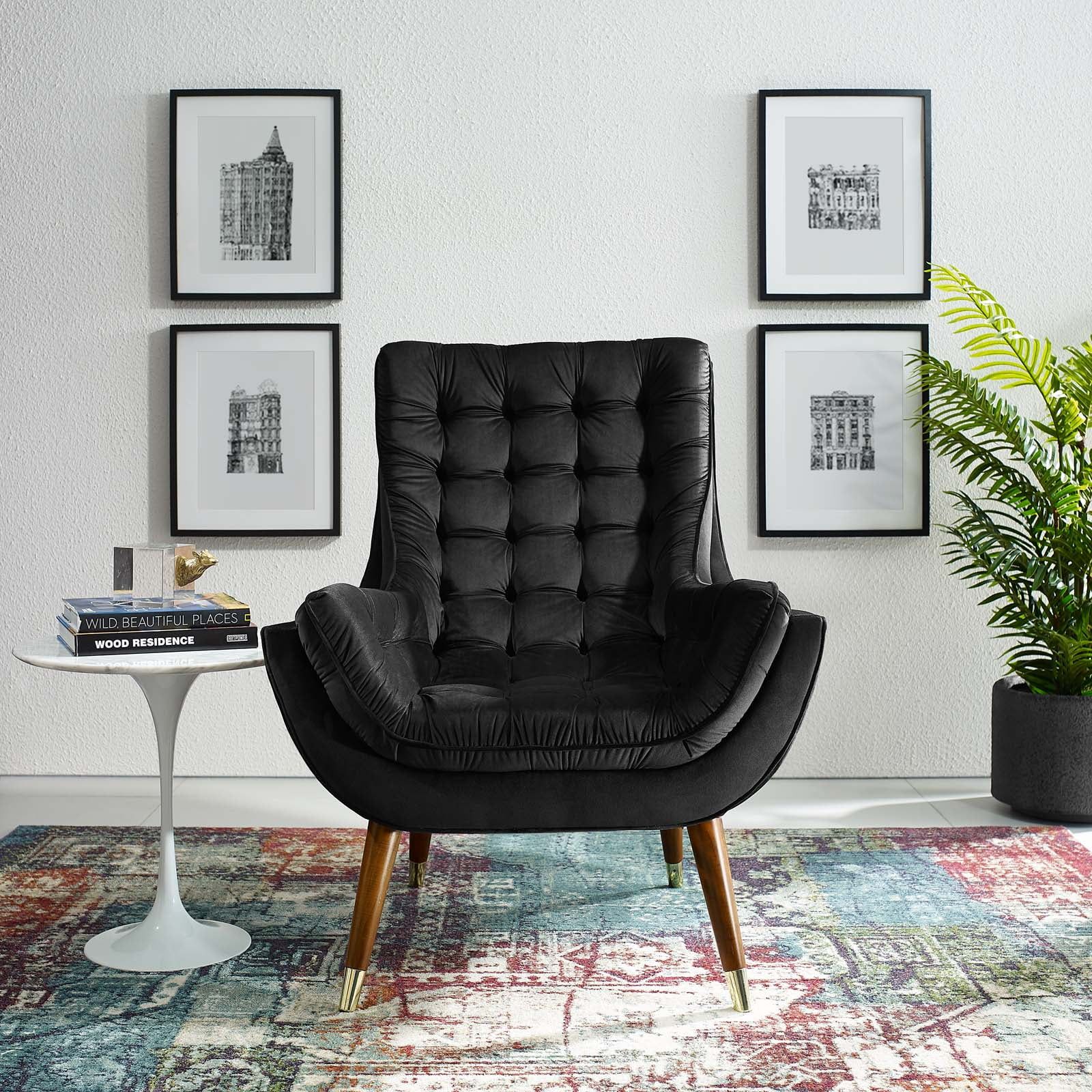 Elegant Mid-Century Black Velvet Lounge Chair with Gold Accents