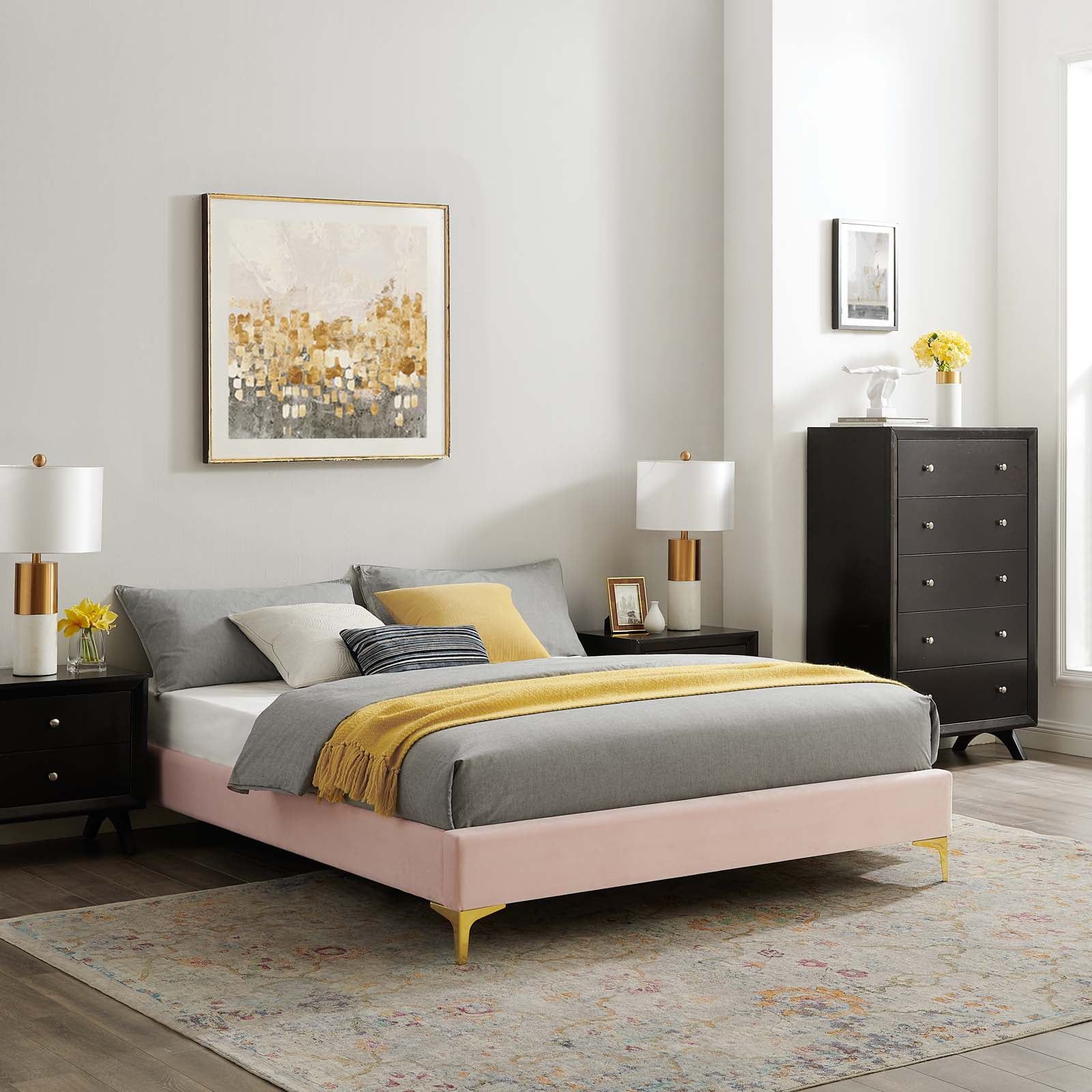 Sutton King Size Performance Velvet Upholstered Bed Frame in Pink