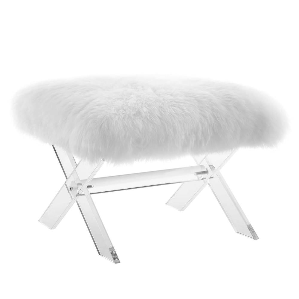 Chic Luxe Clear Acrylic and Pure White Sheepskin Bench