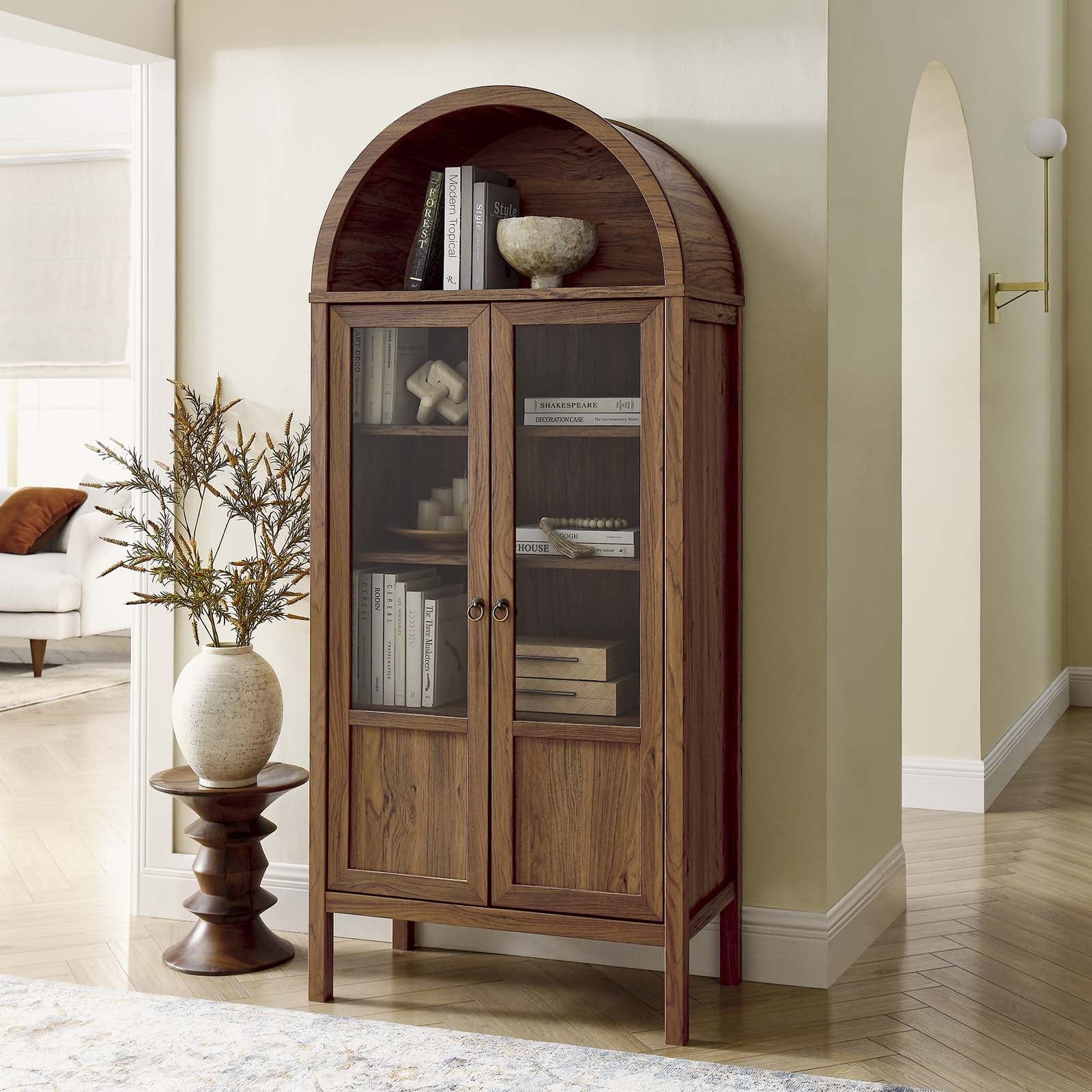 Tessa Tall Walnut Arched Storage Display Cabinet with Glass Doors