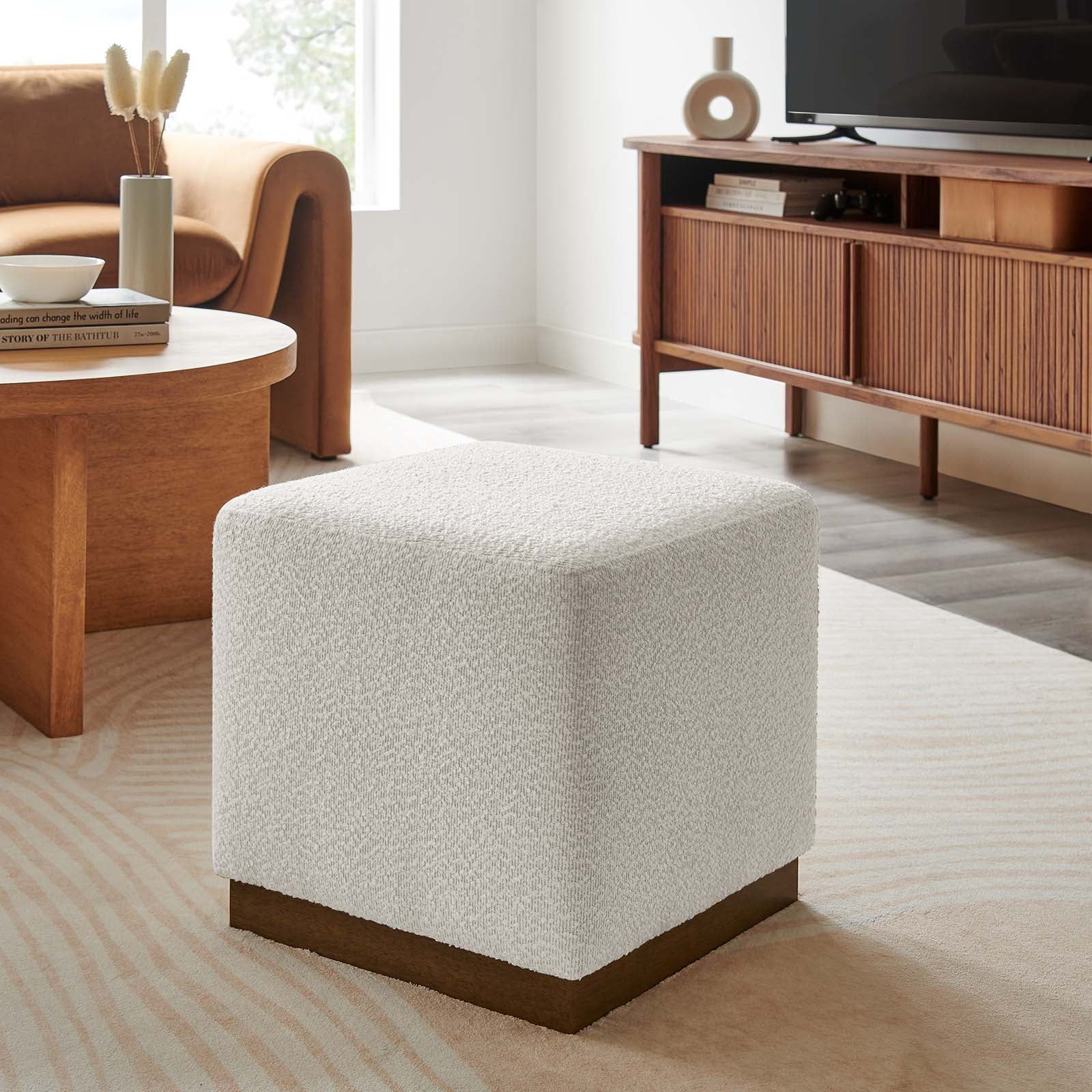 Tilden 17" Square Boucle Upholstered Ottoman with Walnut Base