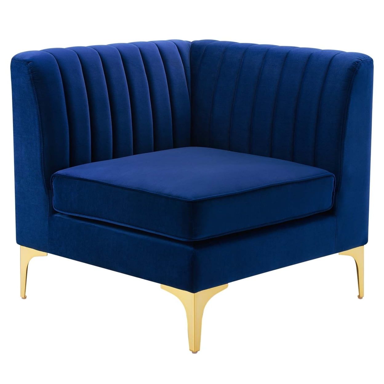 Navy Velvet Channel Tufted Corner Chair with Gold Legs