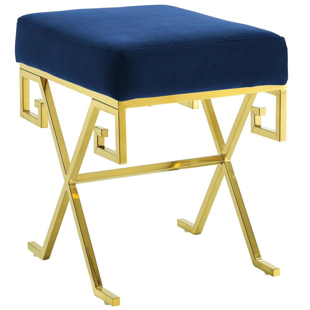 Navy Velvet and Gold Steel Greek Key Bedroom Bench