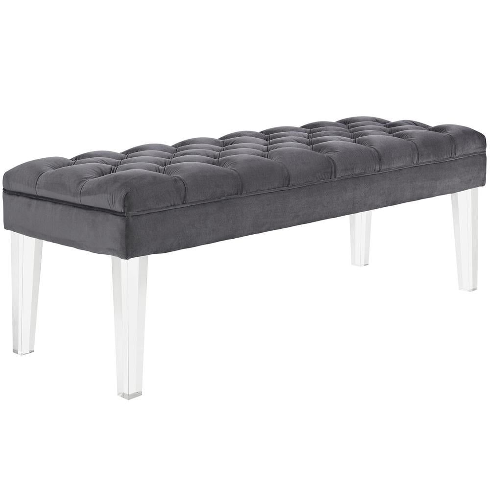 Elegant Gray Velvet Tufted Bench with Clear Acrylic Legs