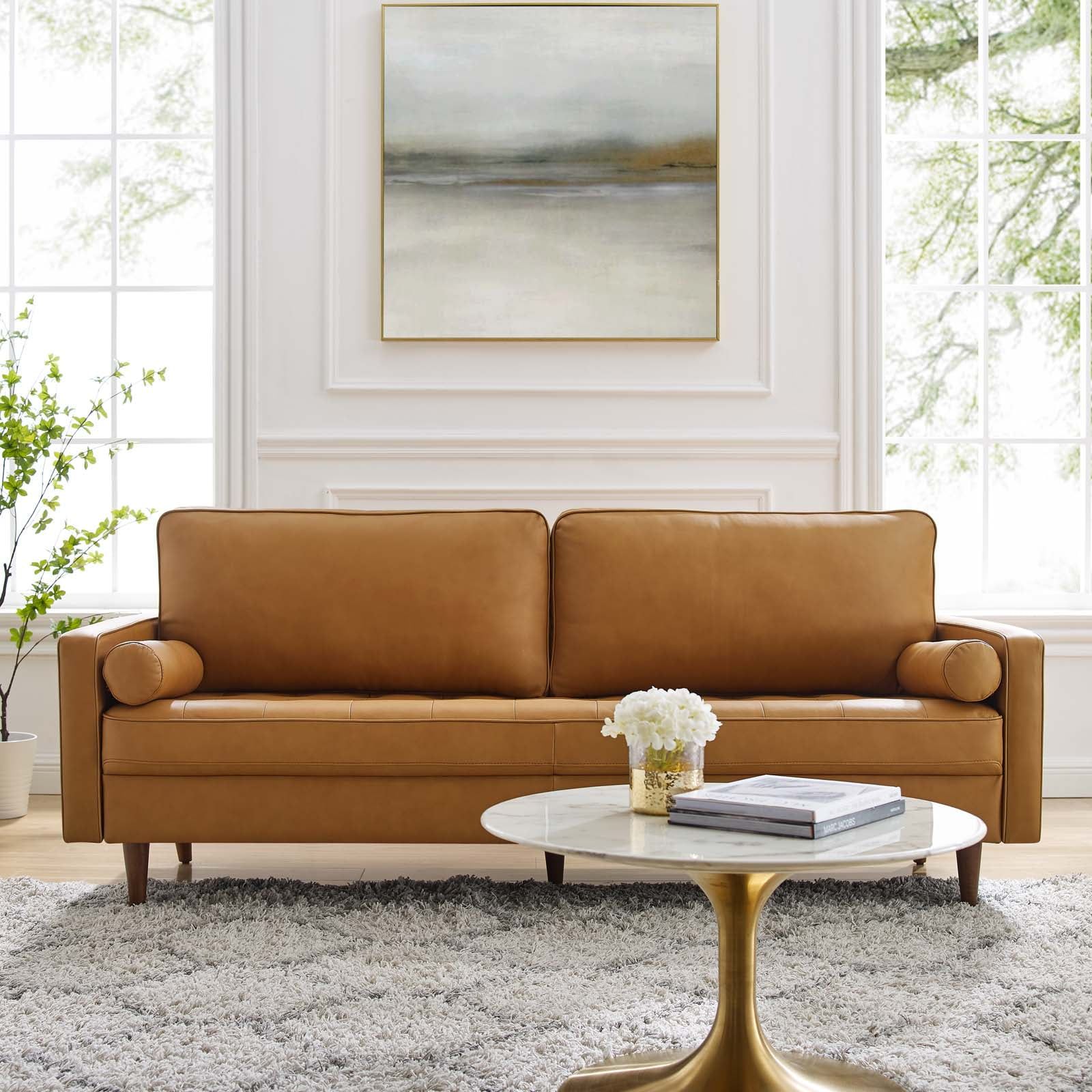 Valour 81" Tufted Top Grain Leather Sofa in Tan