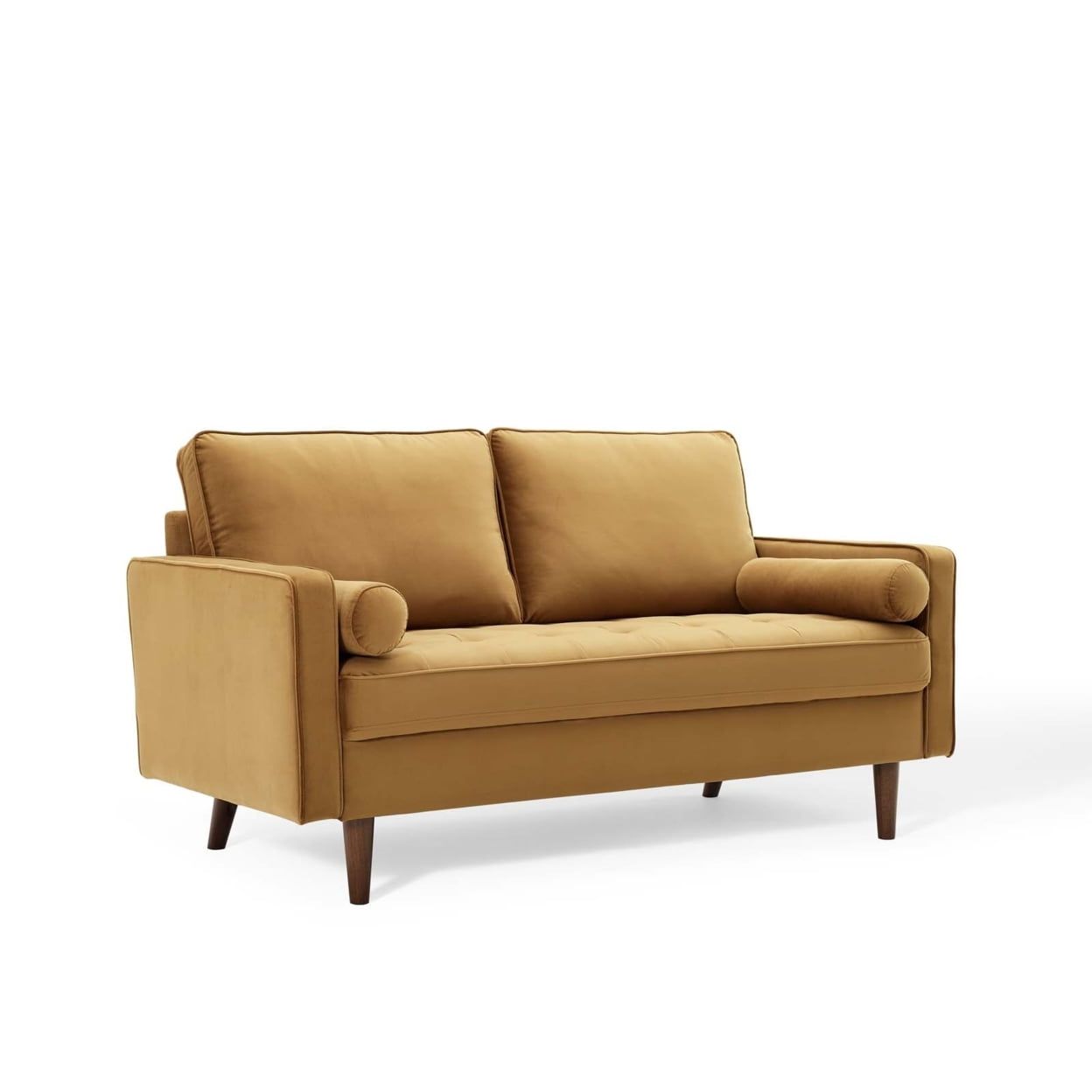 Cognac Faux Leather Tufted Loveseat with Removable Cushions and Wood Legs