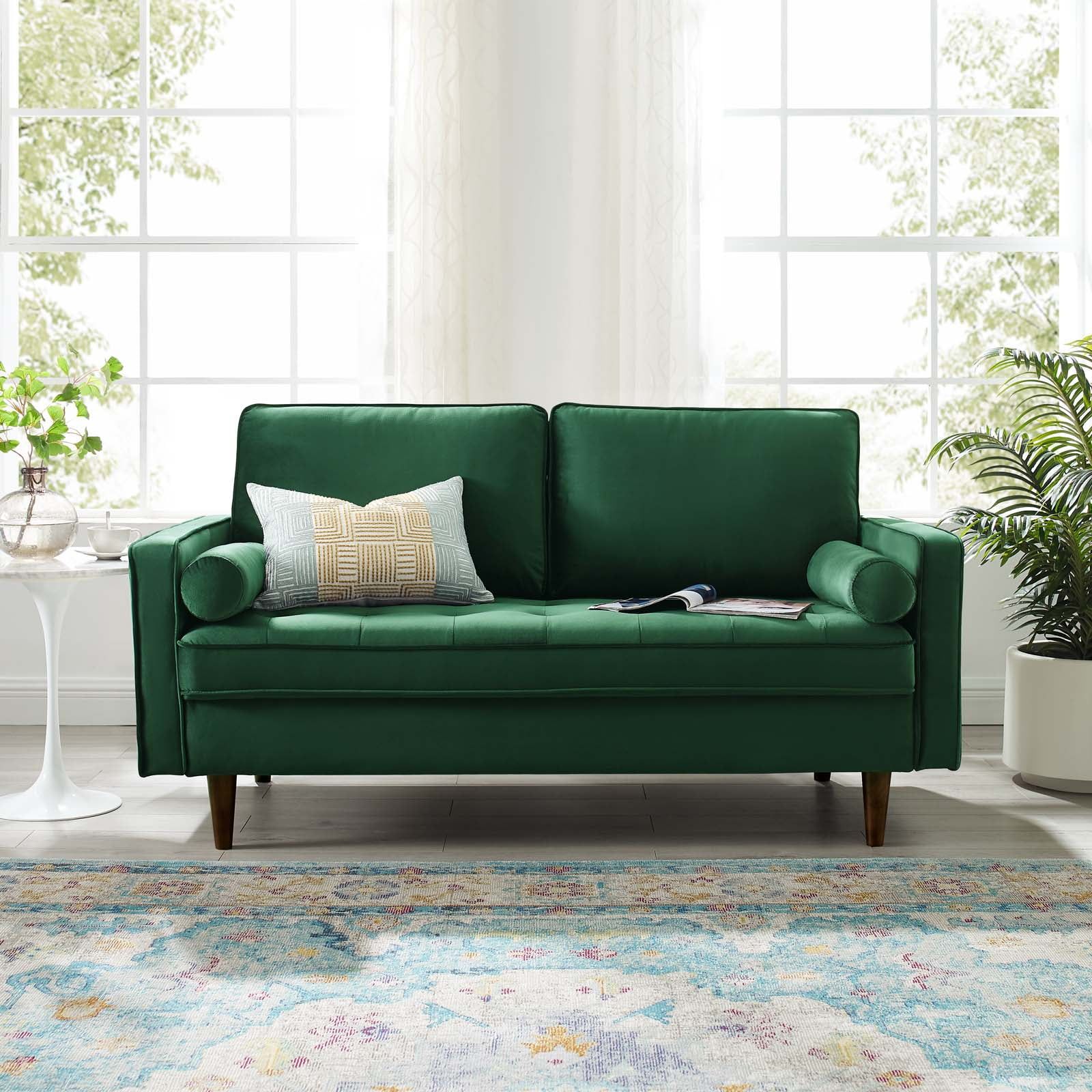 Green Velvet Tufted Loveseat with Walnut Legs