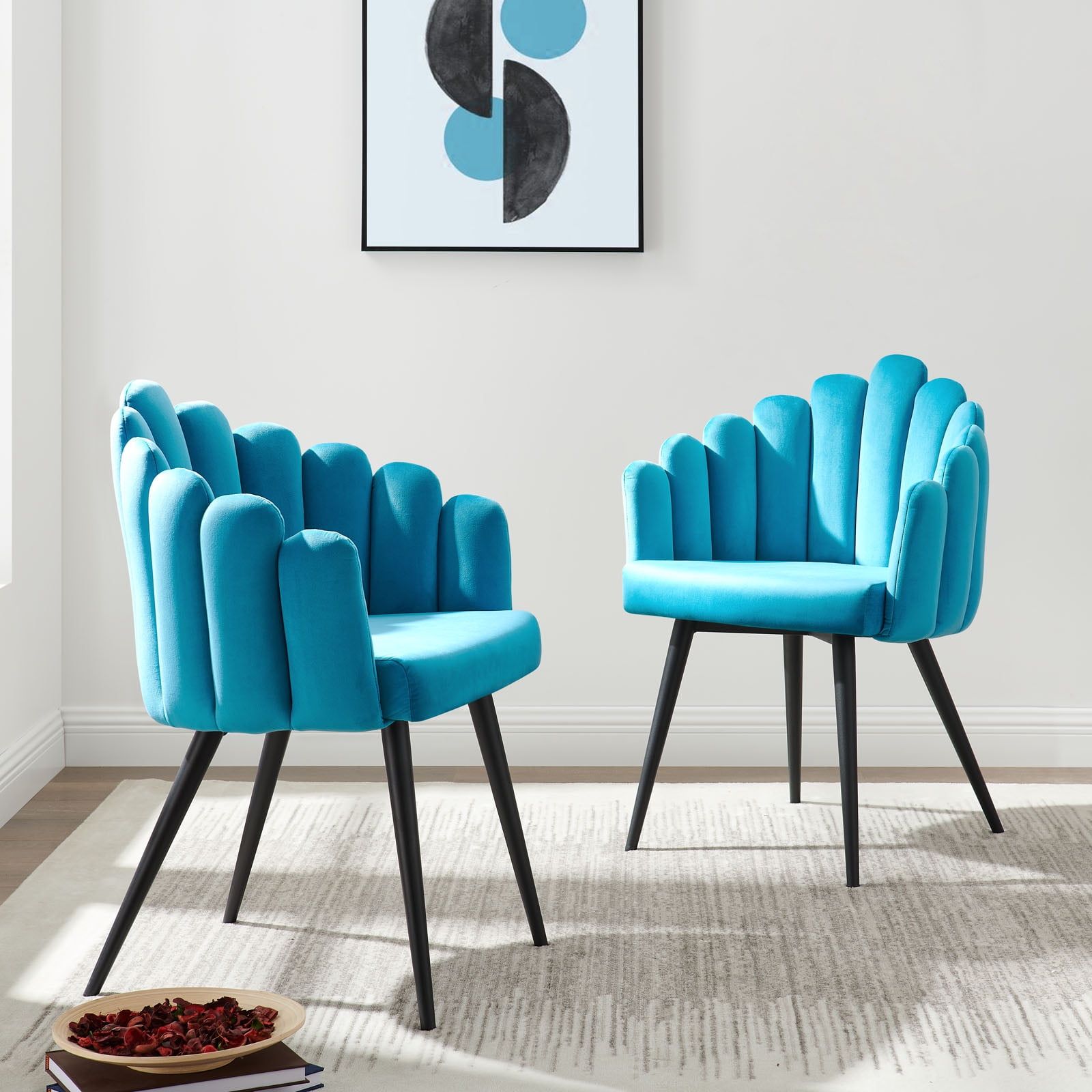 Scalloped Black Blue Velvet Upholstered Armchair with Metal Frame