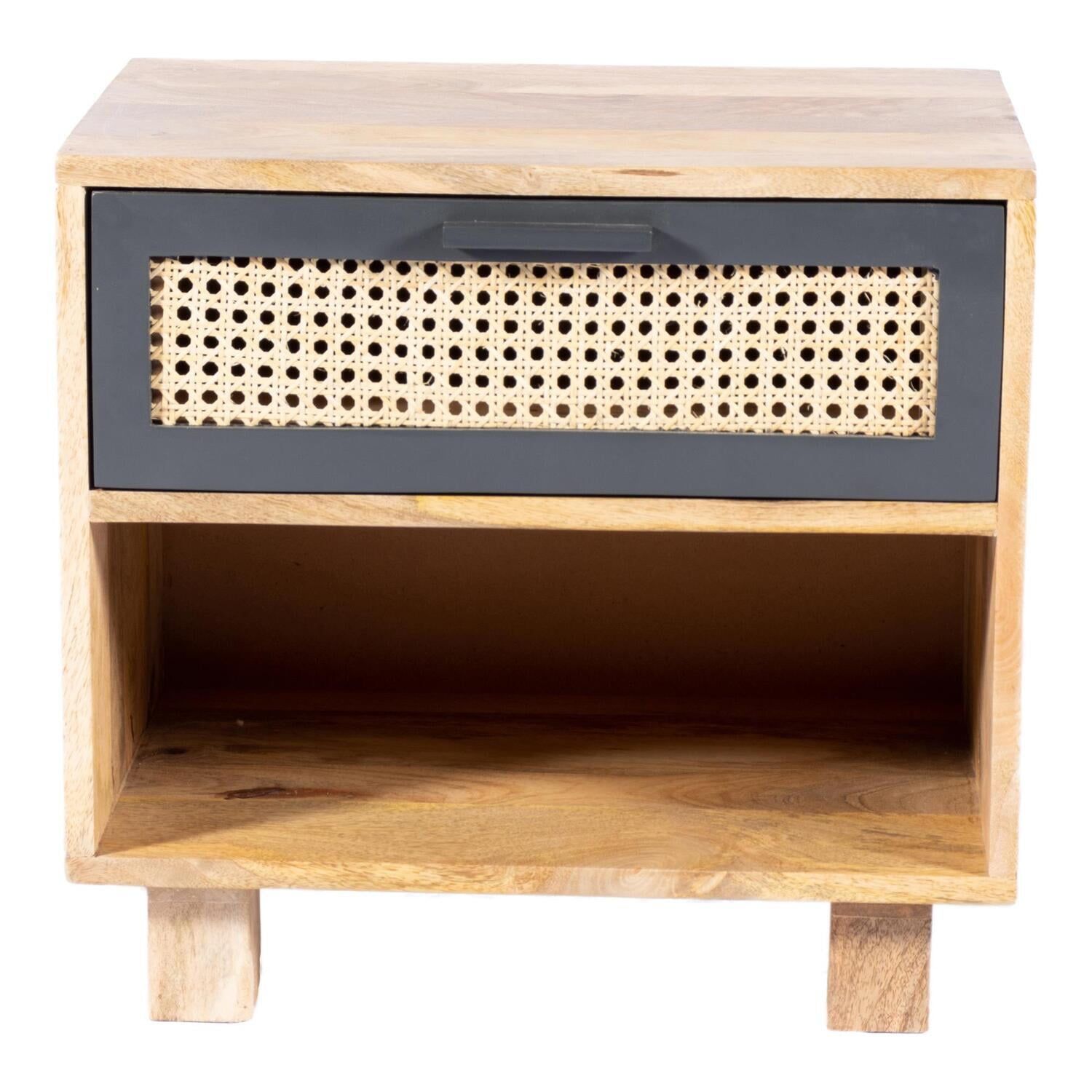 Scandinavian Inspired Mango Wood & Woven Cane Nightstand with Drawer