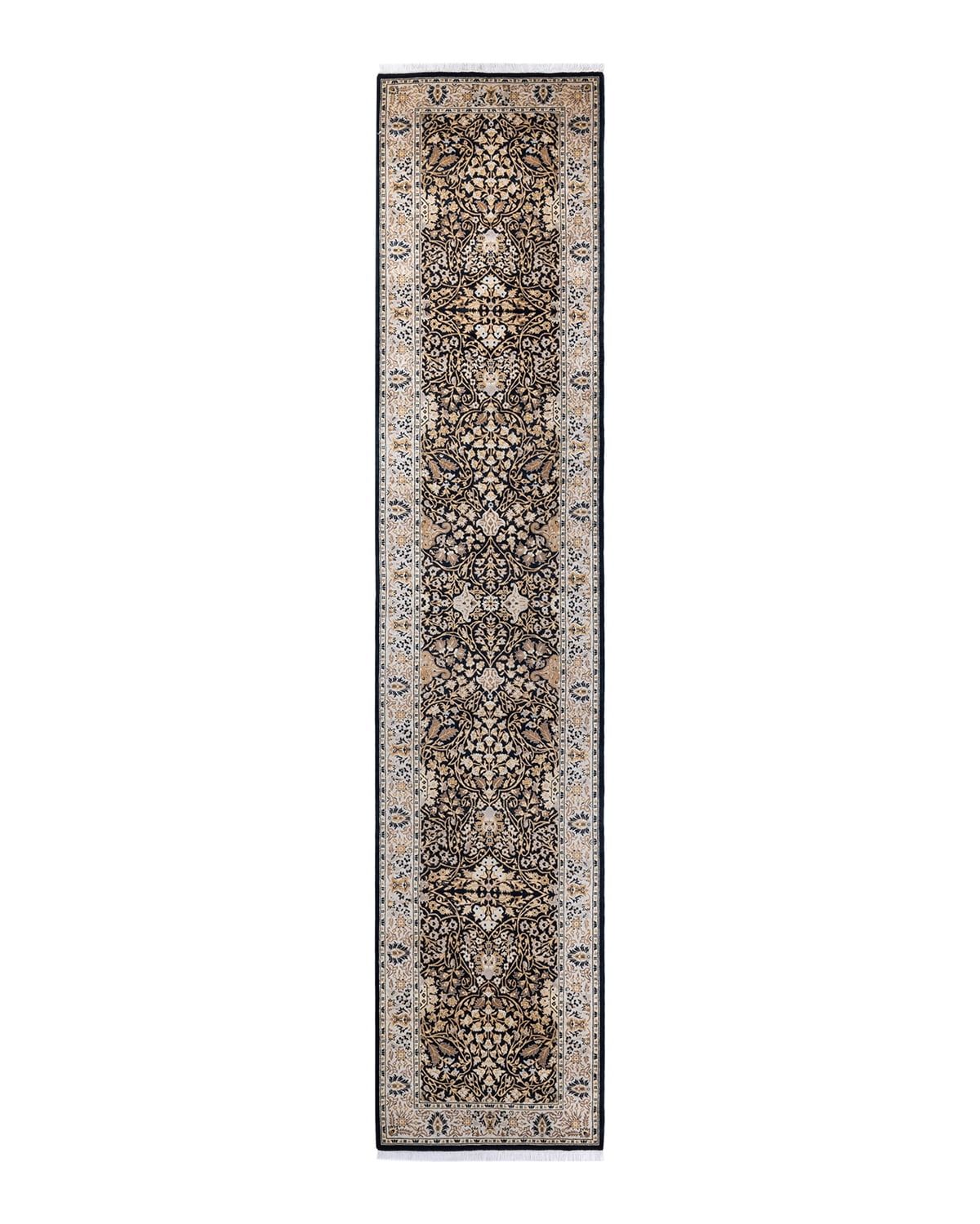 Hand-Knotted Black Wool Geometric Runner Rug