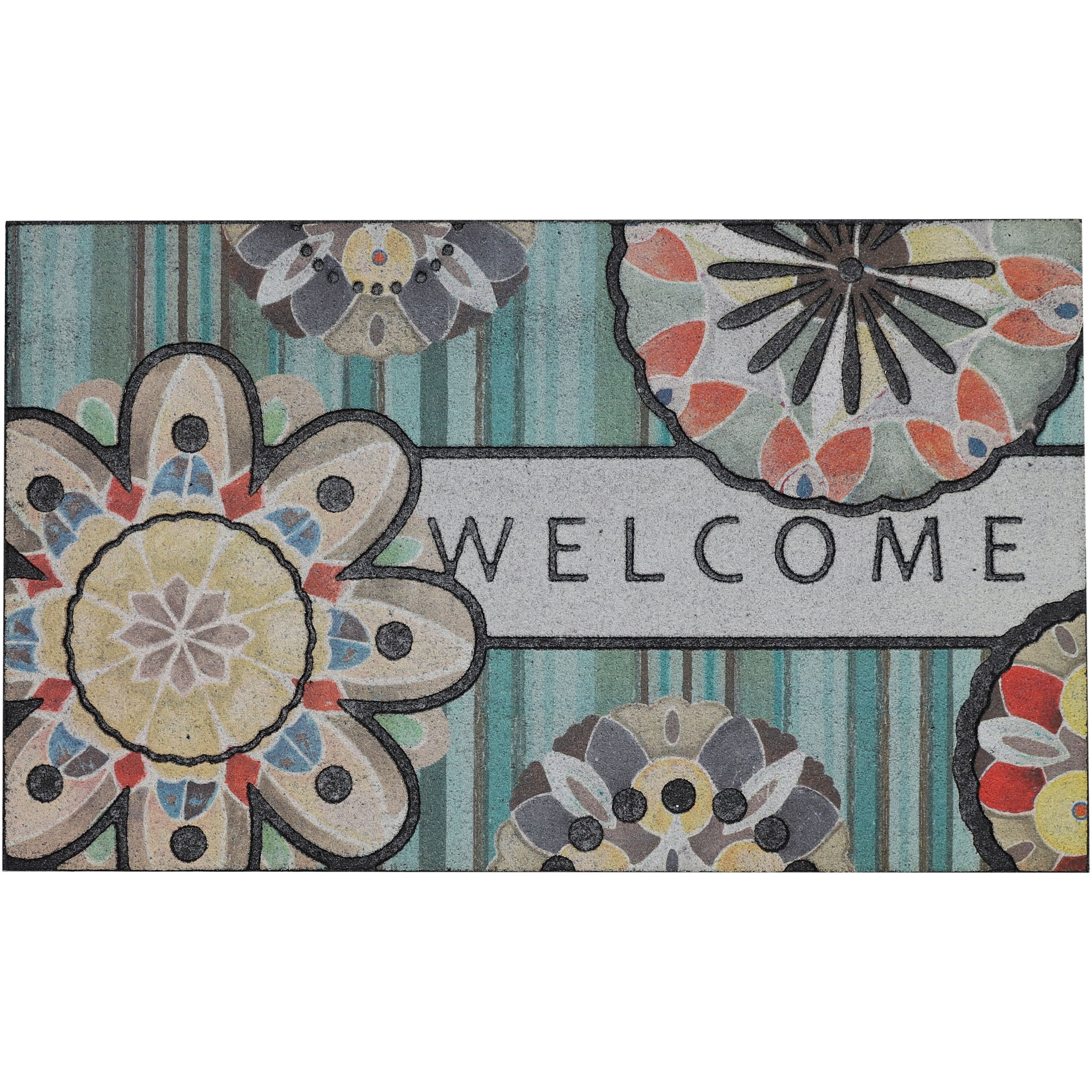 Blue Floral Medallion Recycled Rubber Welcome Doormat