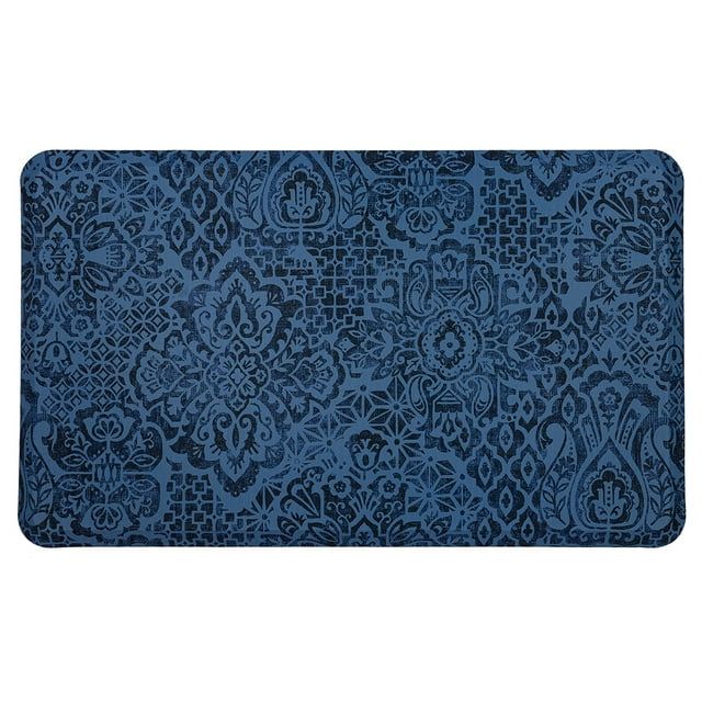 Damask Nouveau Blue Anti-Fatigue Kitchen Mat with Polyester Face