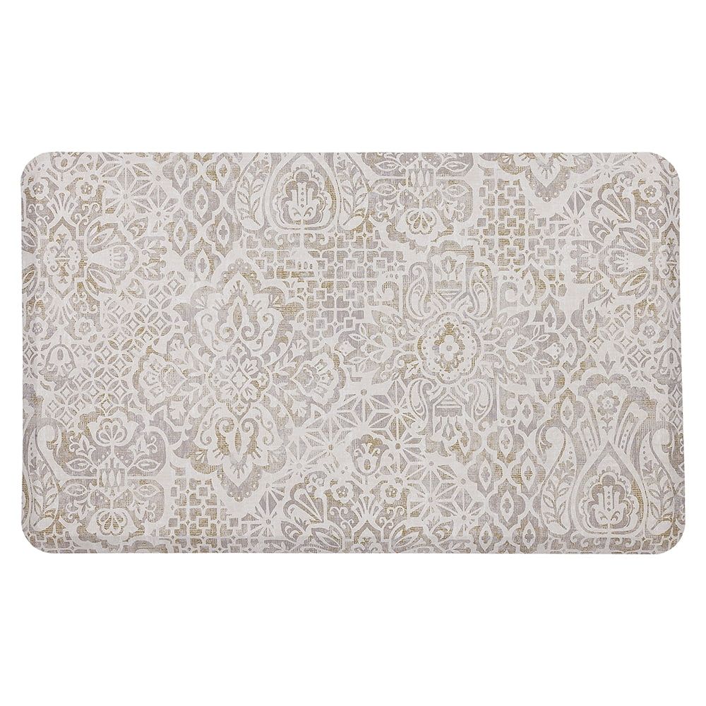 Tan Beige Damask Anti-Fatigue Kitchen Mat 1'6" x 2'6"