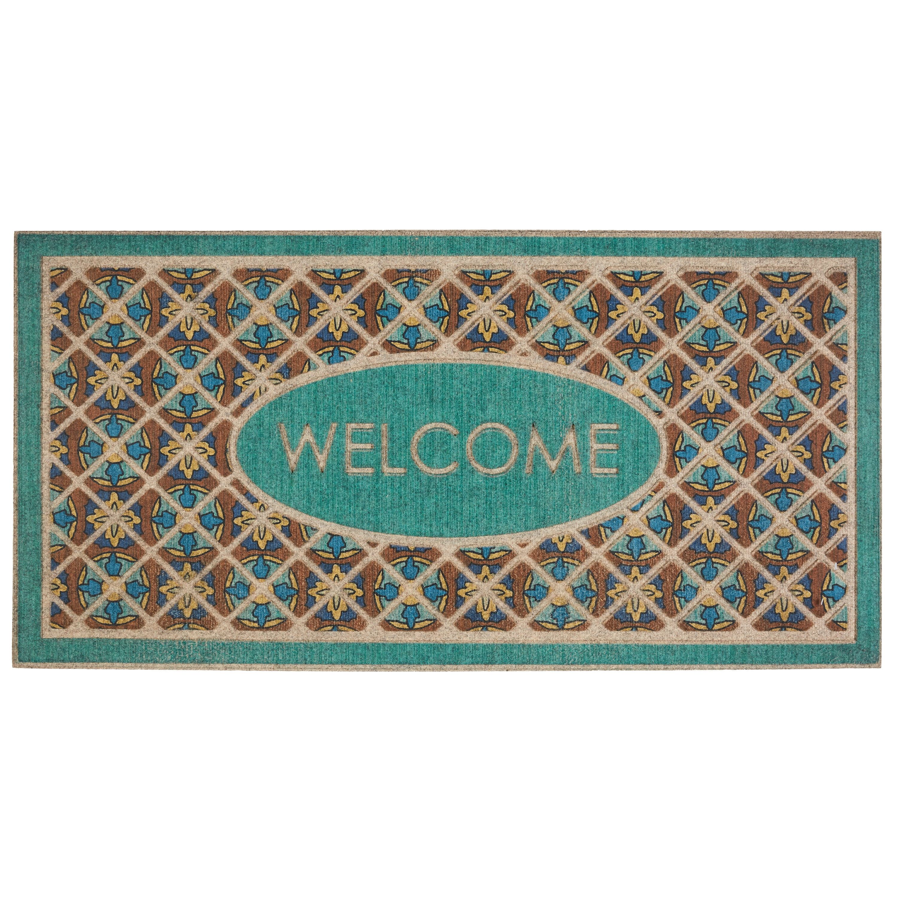 Retro Tiles Medallion Entry Mat in Teal & Tan, 25"x49"