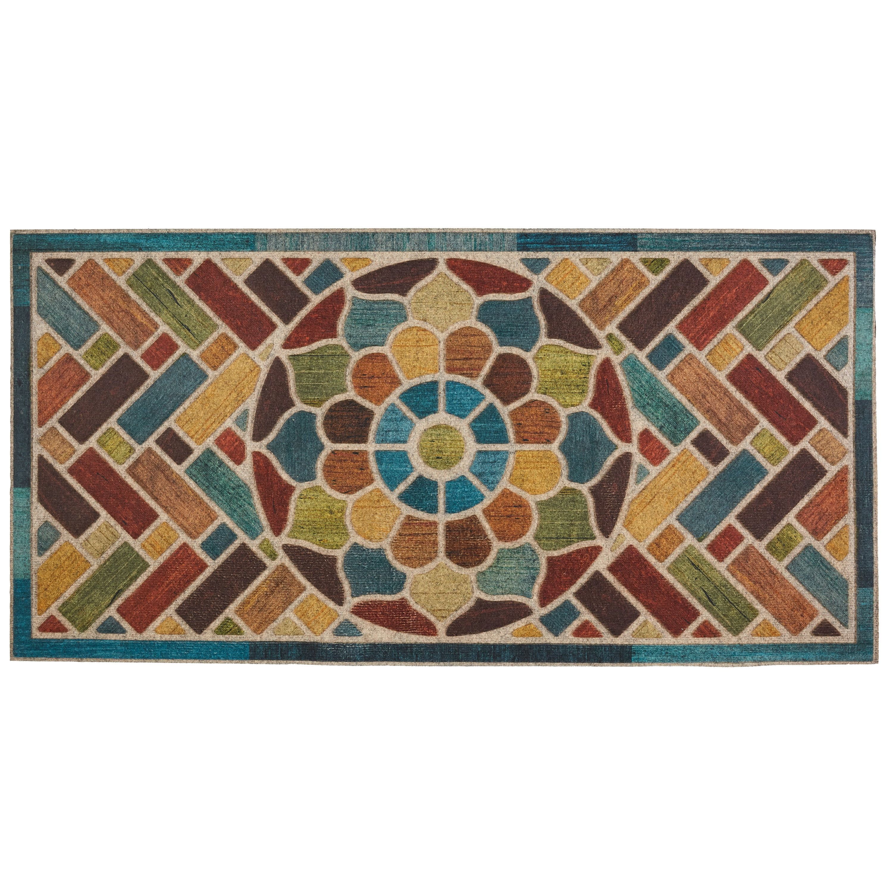 Multicolor Herringbone and Floral Medallion Outdoor Rubber Doormat, 2' x 4'