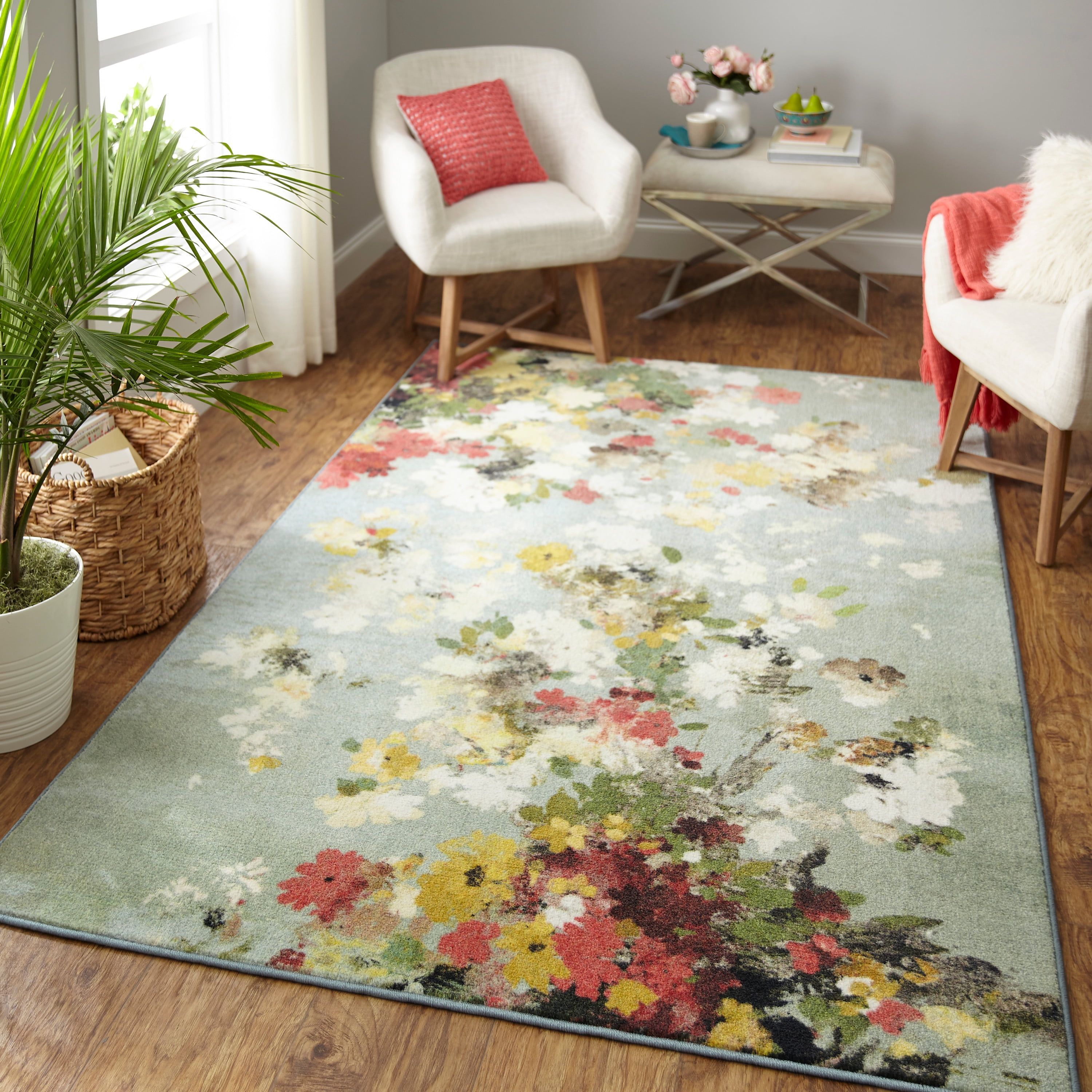 Blue Floral Tufted Synthetic 5' x 8' Area Rug