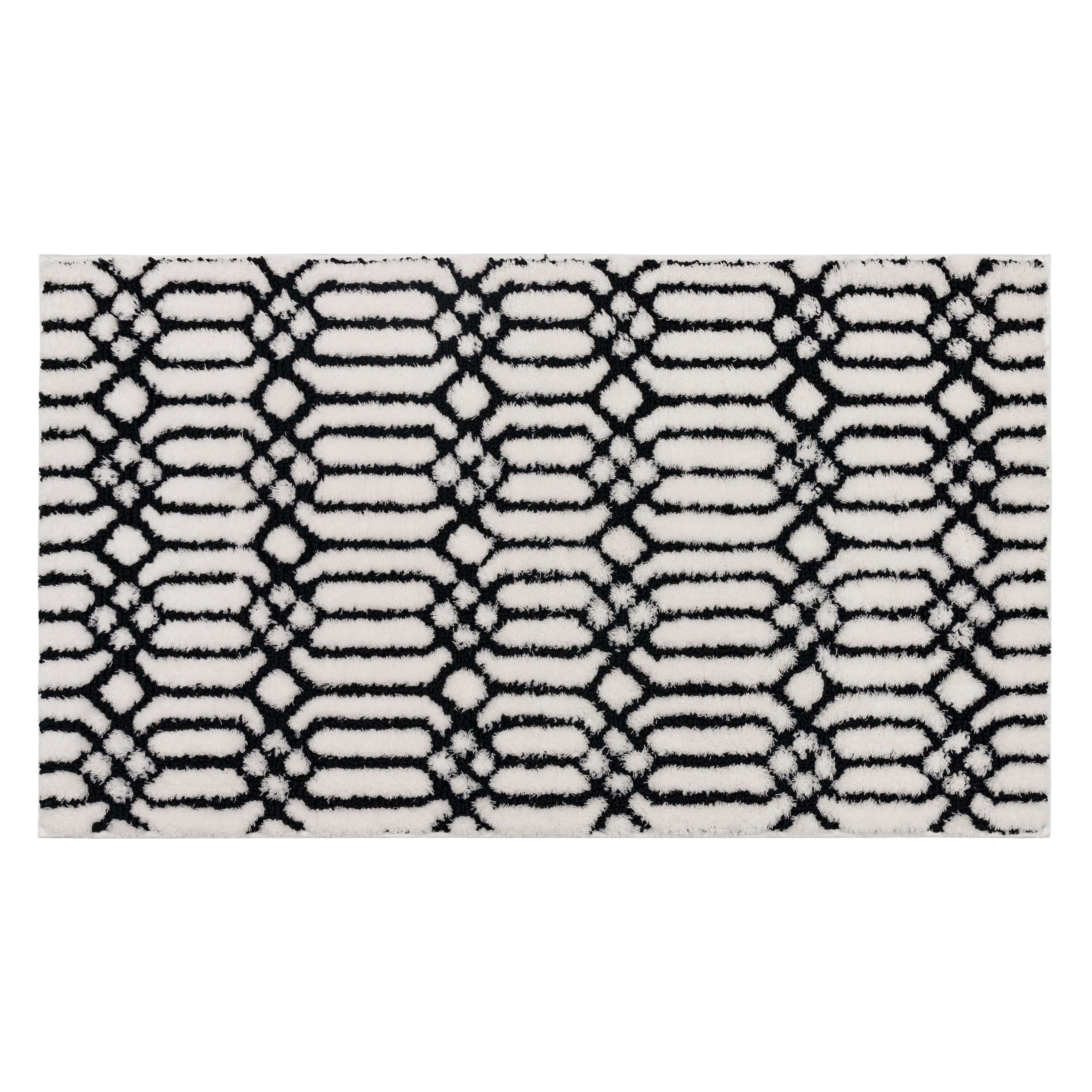 White and Black Geometric Plush Bath Rug 20" x 34"