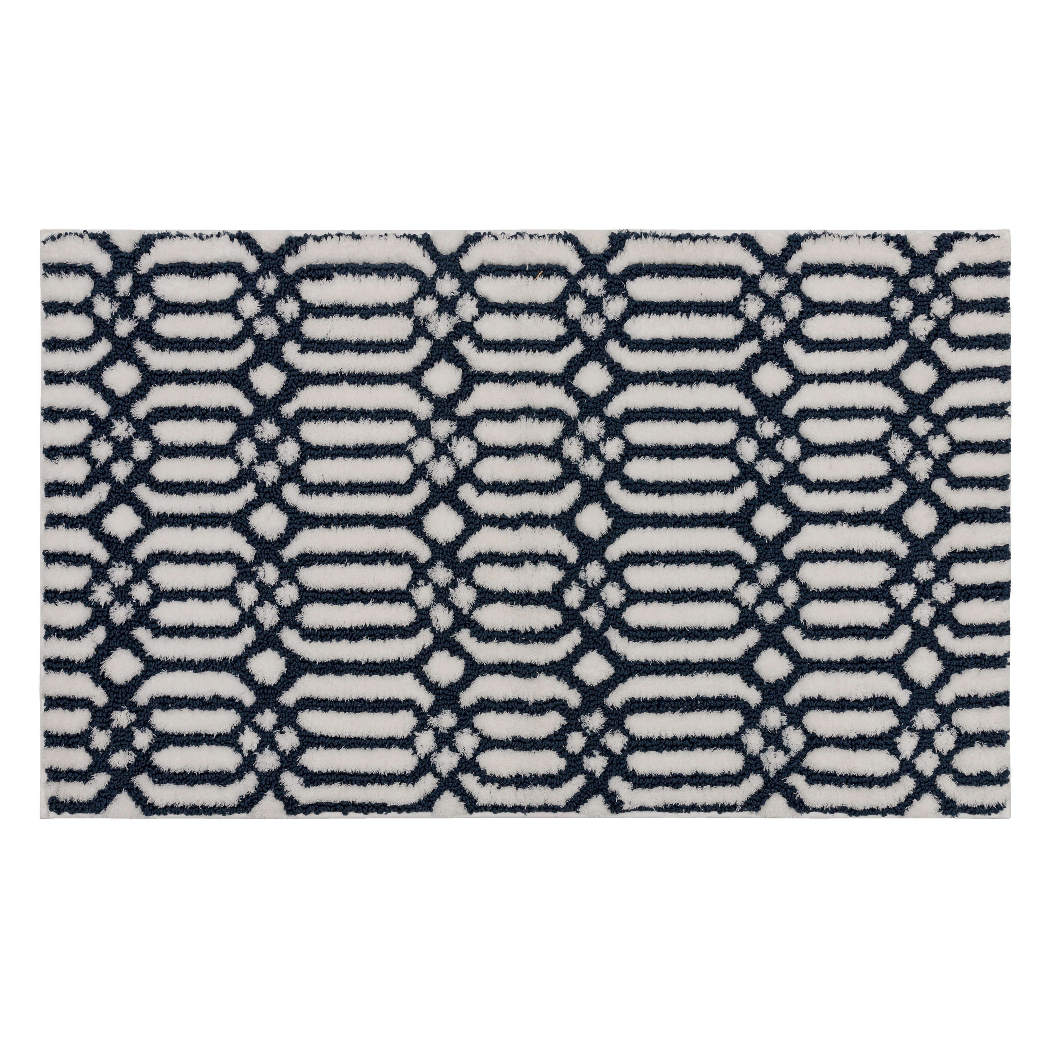 Navy and White Geometric Fade Resistant Bath Rug
