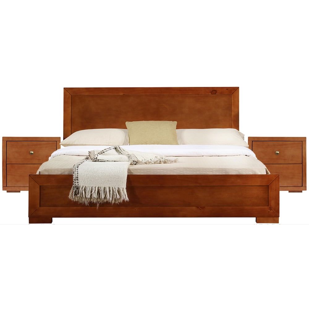 Cherry Wood Platform Queen Bed with Two Nightstands