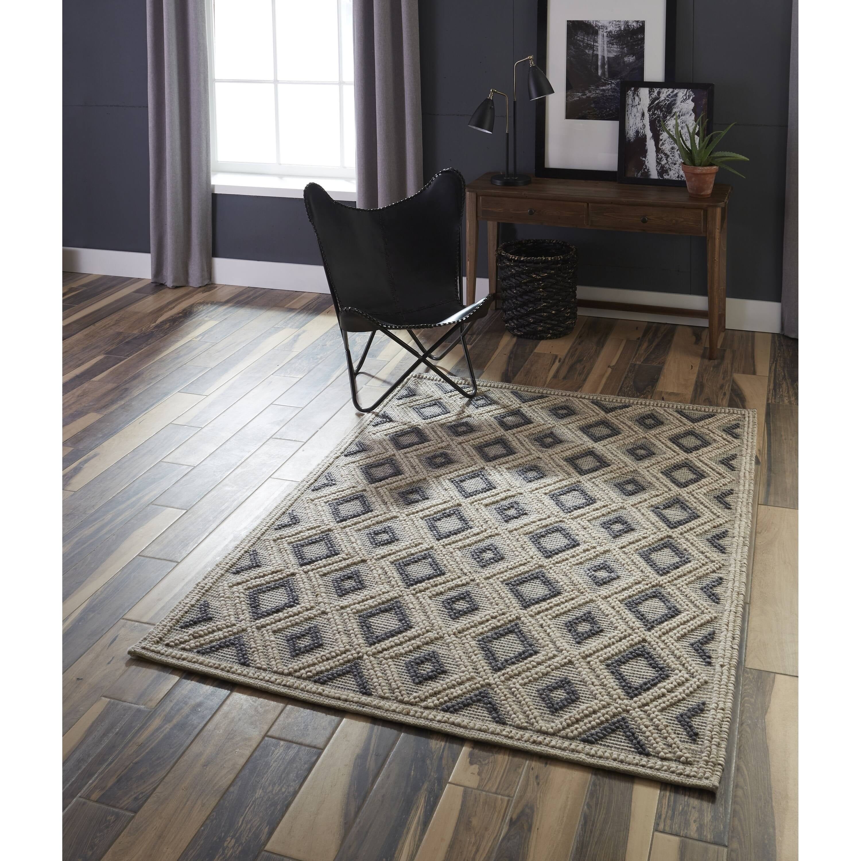 Beige and Gray Hand-Woven Wool Geometric Area Rug, 9' x 12'