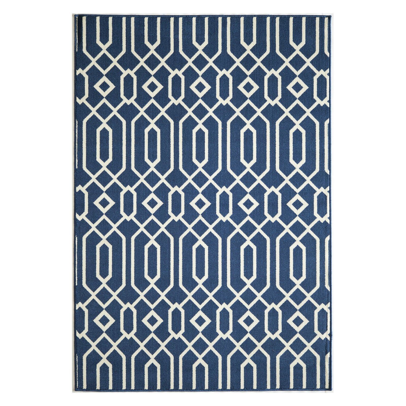 Navy and White Geometric Flat Woven Synthetic Rug