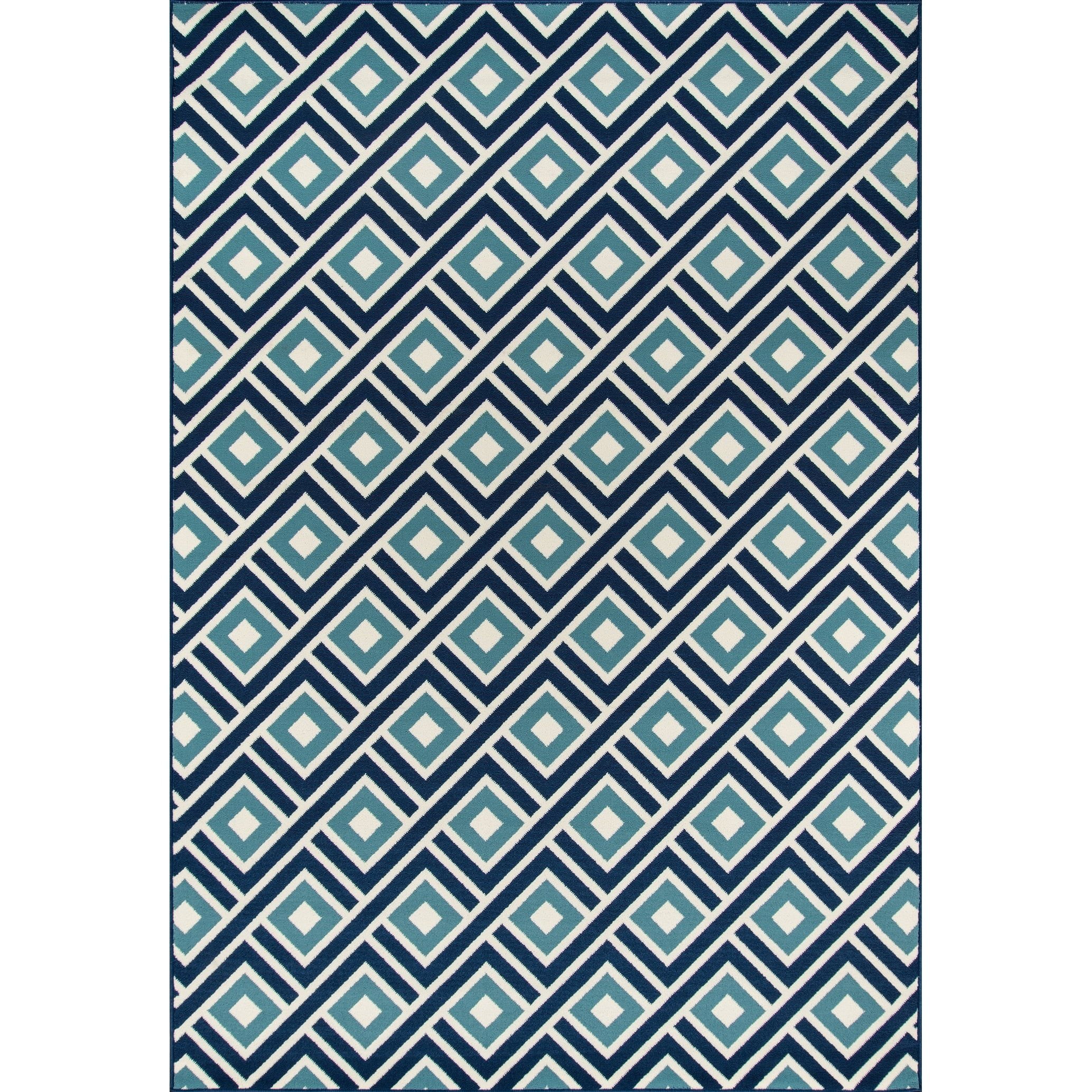 Blue and White Geometric Flat Woven Synthetic Rug 6'7" x 9'6"