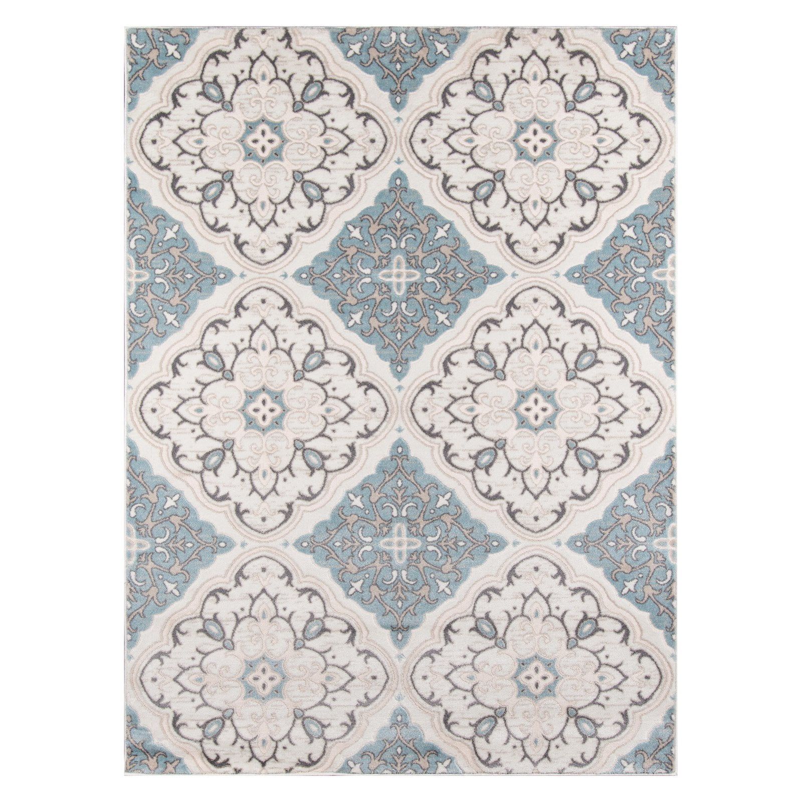 Ivory and Blue Floral Synthetic Rectangular Area Rug