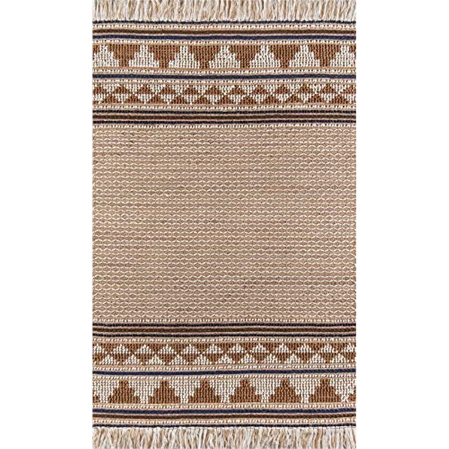 Ivory and Brown Geometric Wool and Cotton Rectangular Rug