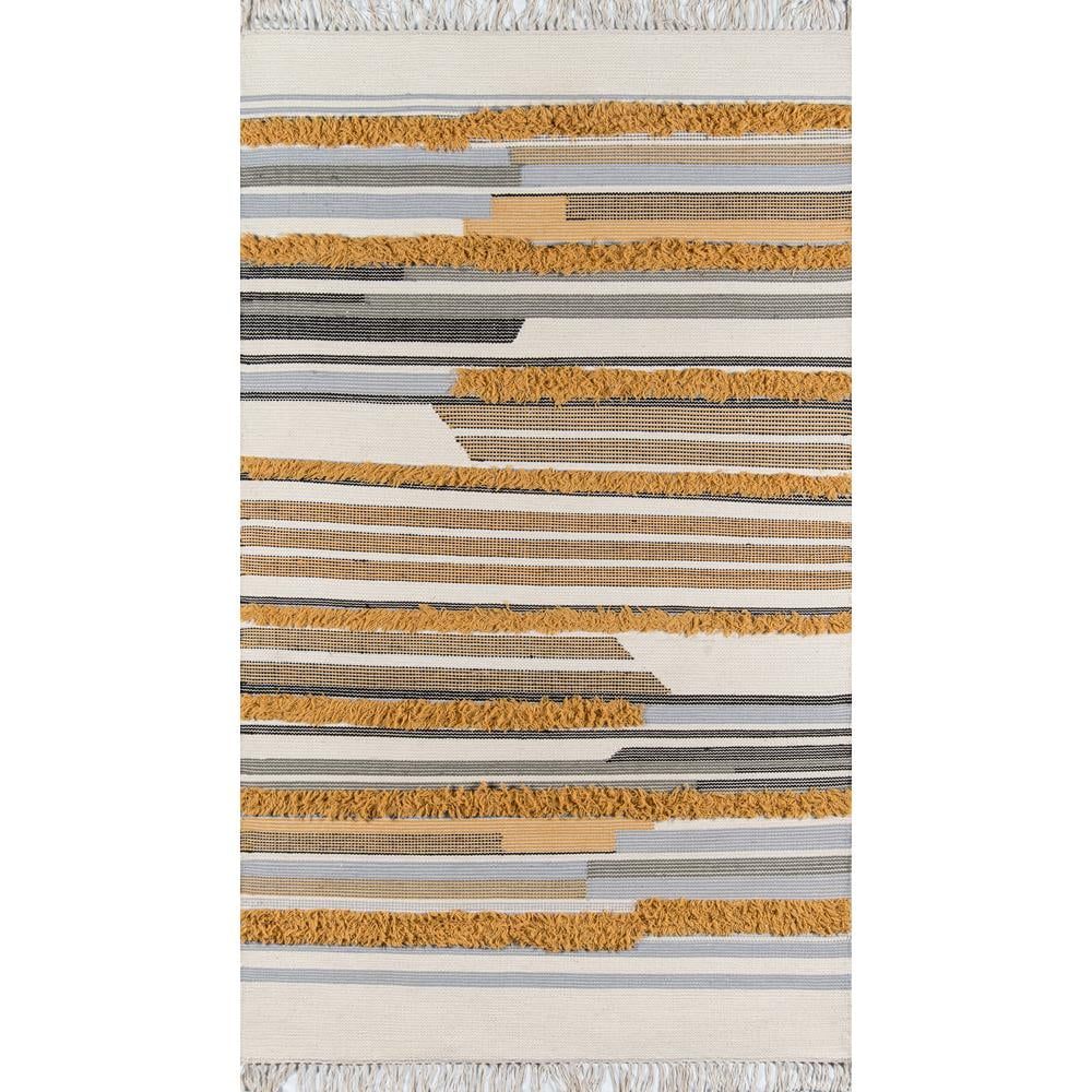 Mustard and Gray Geometric Wool Area Rug with Fringe