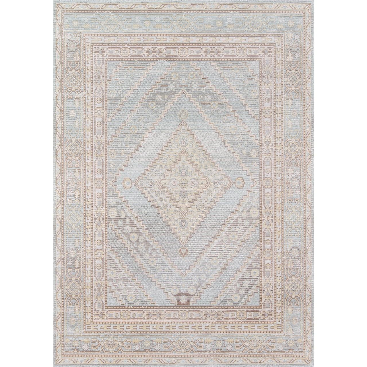 Pastel Blue Beige Medallion Synthetic Rectangular Area Rug 7'10" x 10'6"